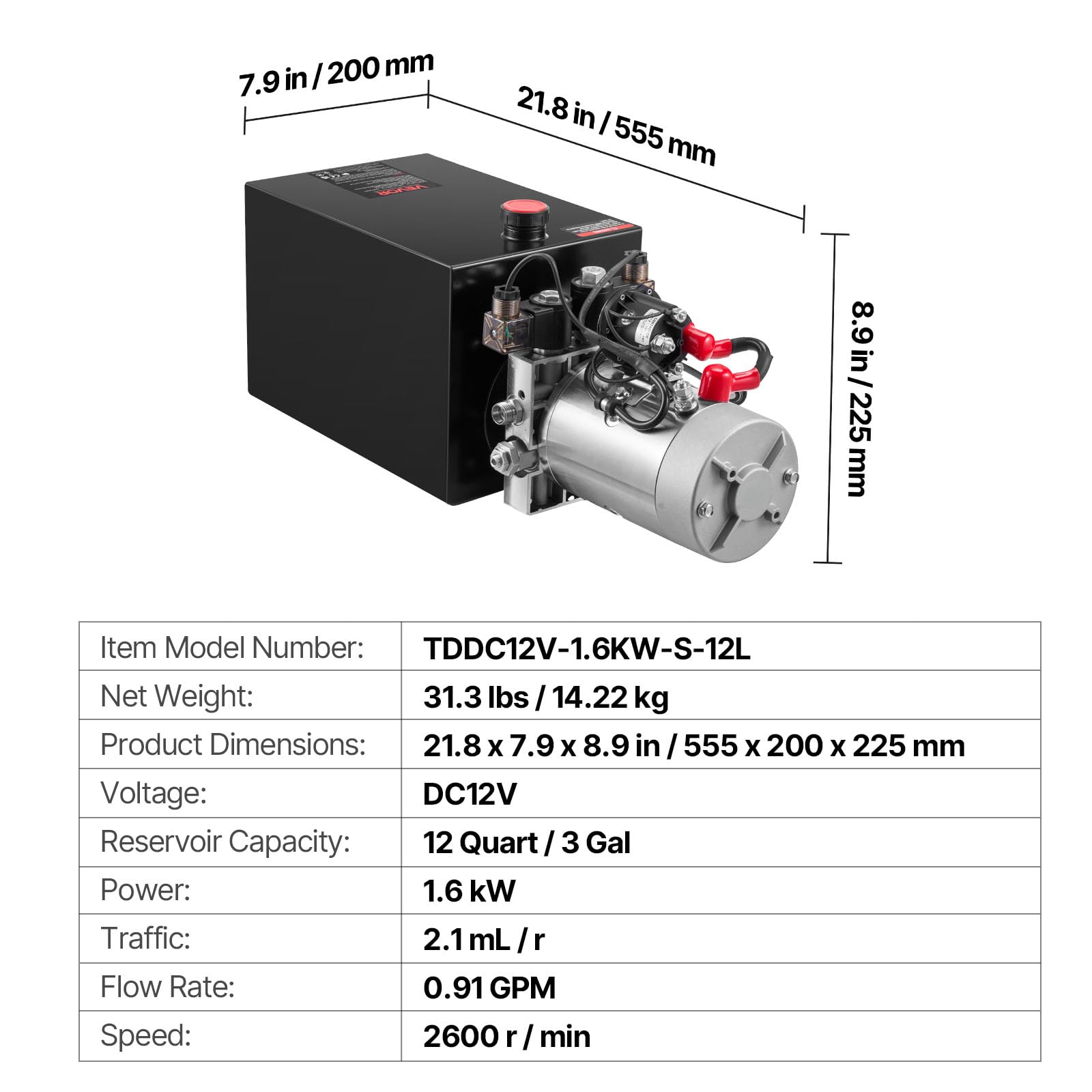 VEVOR Pompa Idraulica per Rimorchio Ribaltabile 1600 W 2600 giri/min Centralina Idraulica Azione Doppia per Sollevamento da Officina con Serbatoio d'Olio in Metallo Volume 2,1 mL/r per Piattaforma