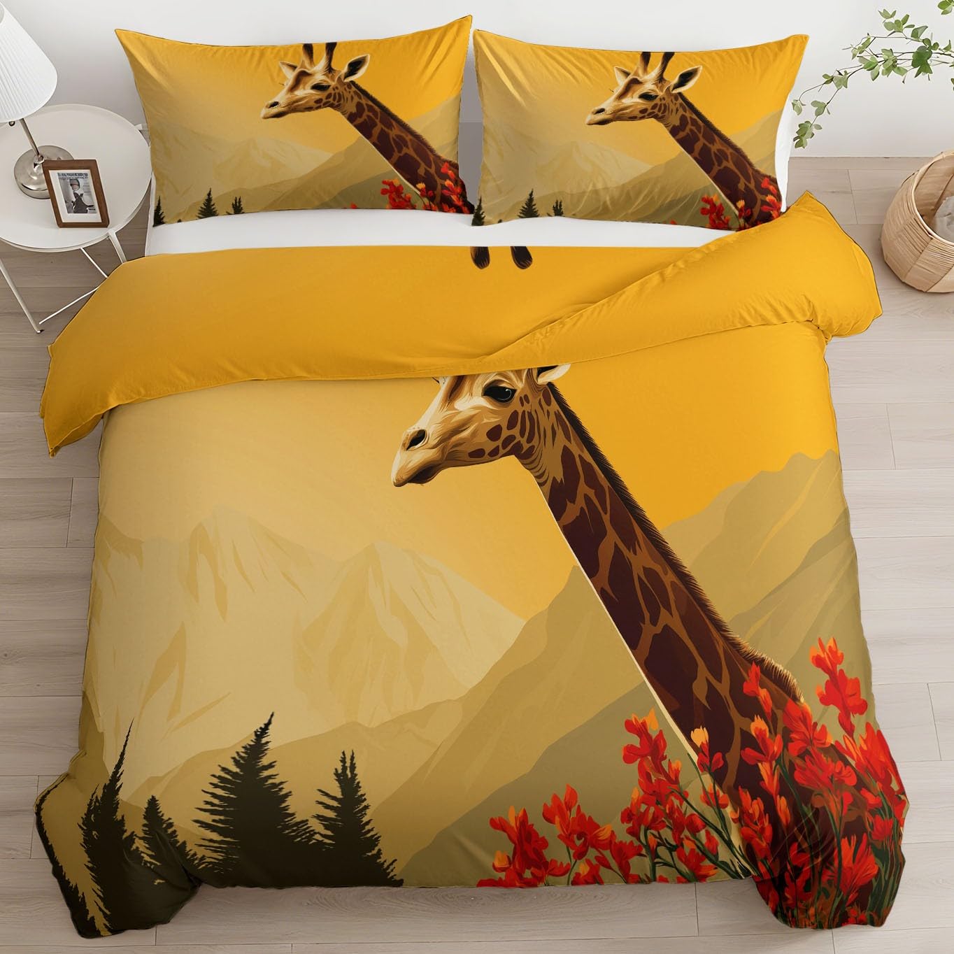 Housse de couette 200x200 orange girafe 2 personnes avec taies