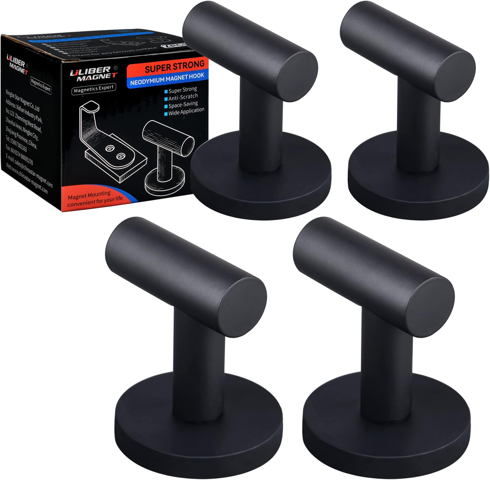 ULIBERMAGNET 4 Pack Strong Magnetic Coat Hooks,Heavy Duty Rubber Coated Magnets Hook for Metal,Door,Grill,Refrigerator, Locker,Neodymium Magnet Hook for Towel,Coat,Bag,Umbrella