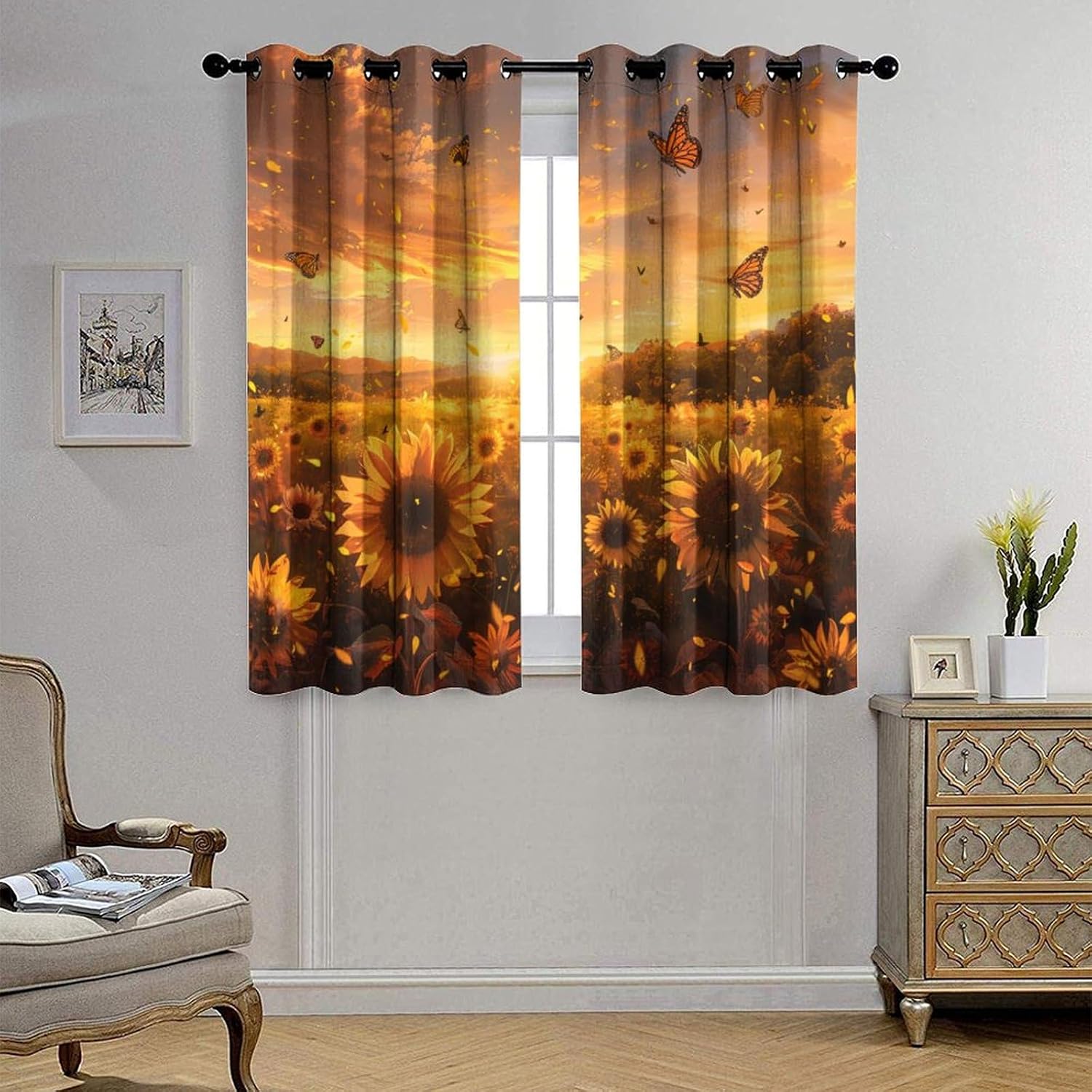 Twilight Farm Grommet Blackout Curtains for Bedroom, Sunflower Floral Butterfly Gold Garden Thermal Insulated Curtains Room Darkening Window Drapes, 2 Panels, Each 36" W x 63" L