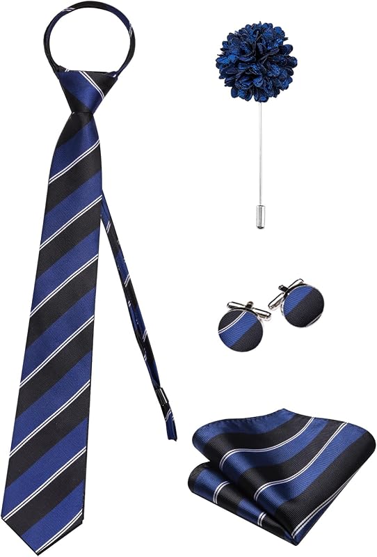 Hi-Tie Zipper Ties for Men Pre-tied Tie Set Lapel Pin Pocket Square and Cufflinks Formal Business Wedding Adjustable Necktie