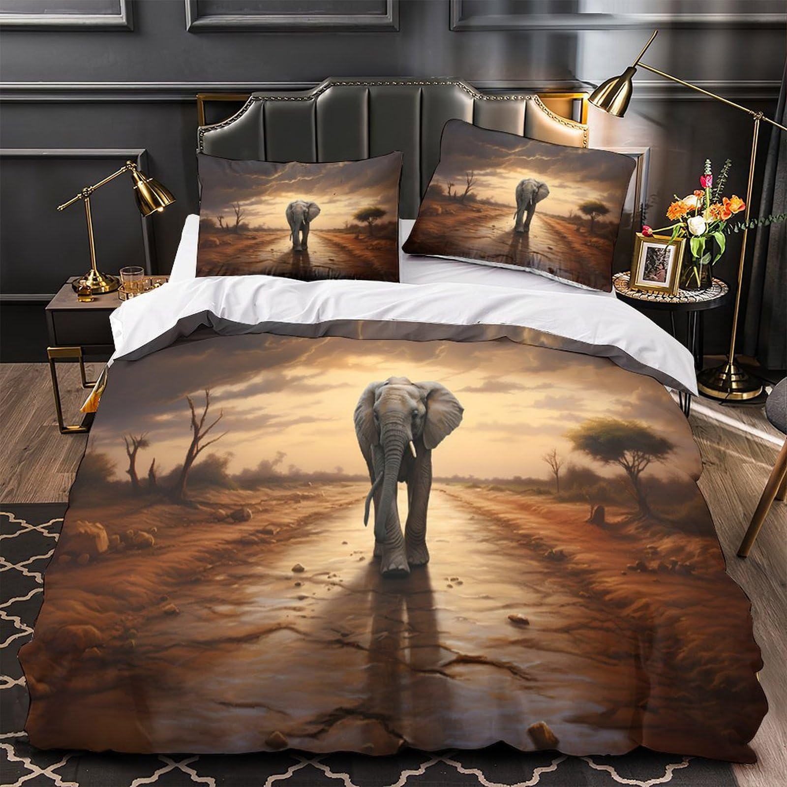 Housse de couette Éléphant d'Afrique 200x200 cm avec 2 taies d'oreiller en microfibre pour lit double
