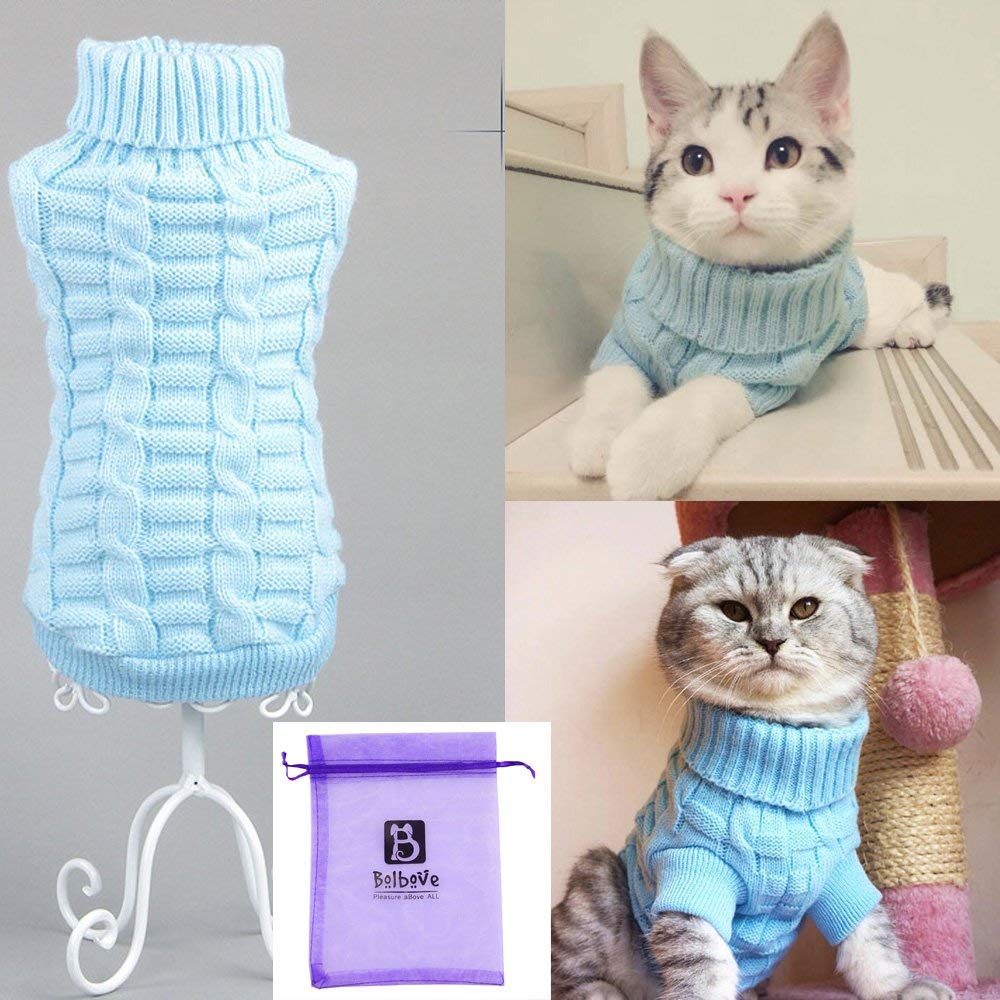 Pull pour Animaux Bro'BearTurtleneck tricoté pour Petits Chiens et Chats (Bleu, Moyen)