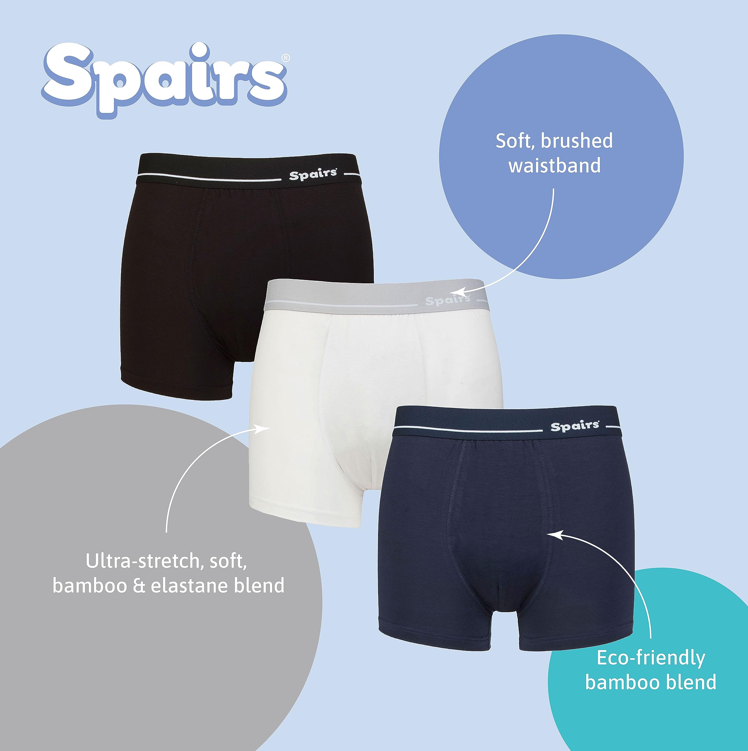 Spairs Homme Boxer ajusté en Bambou, Doux, Respirant, sans étiquette, Extensible, Ajusté sous-vêtement, Valeur Multipack 3 Paires, Plaine, Tailles S, M, L, XL, XXL