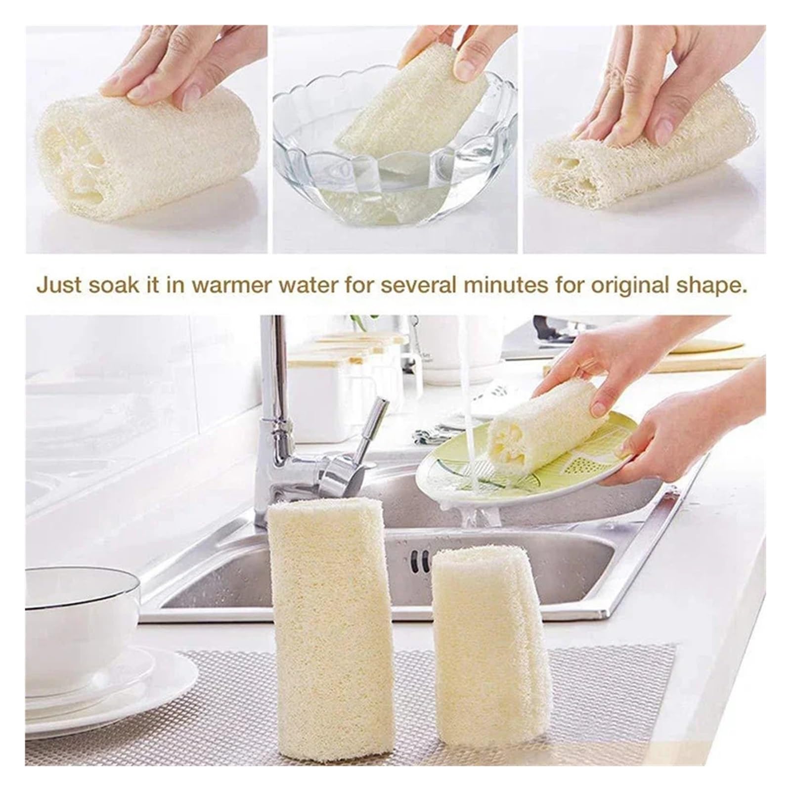 Lot de 3 éponges luffa naturelles multi-usages for le nettoyage de la cuisine, éponges à vaisselle, longues, for la douche et le corps(35-40cm length)