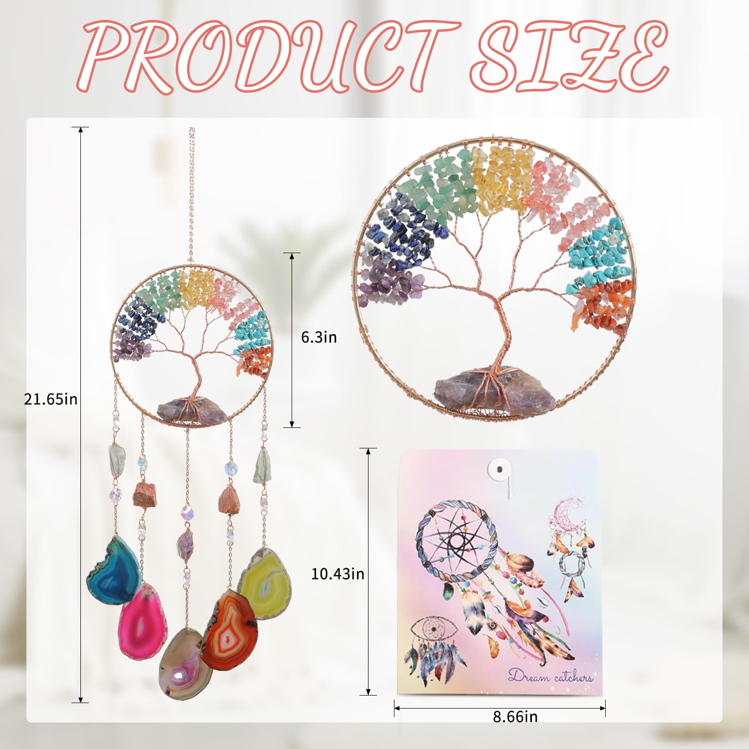 Large Agate Dream Catcher - Dreamsum 7 Chakra Tree of Life Dream Catcher with Rainbow Crystal Stones Handmade Gold Dreamcatcher Wall Decor for Adults Boys Girls, Bedroom, Wedding, Garden, Bless Gift