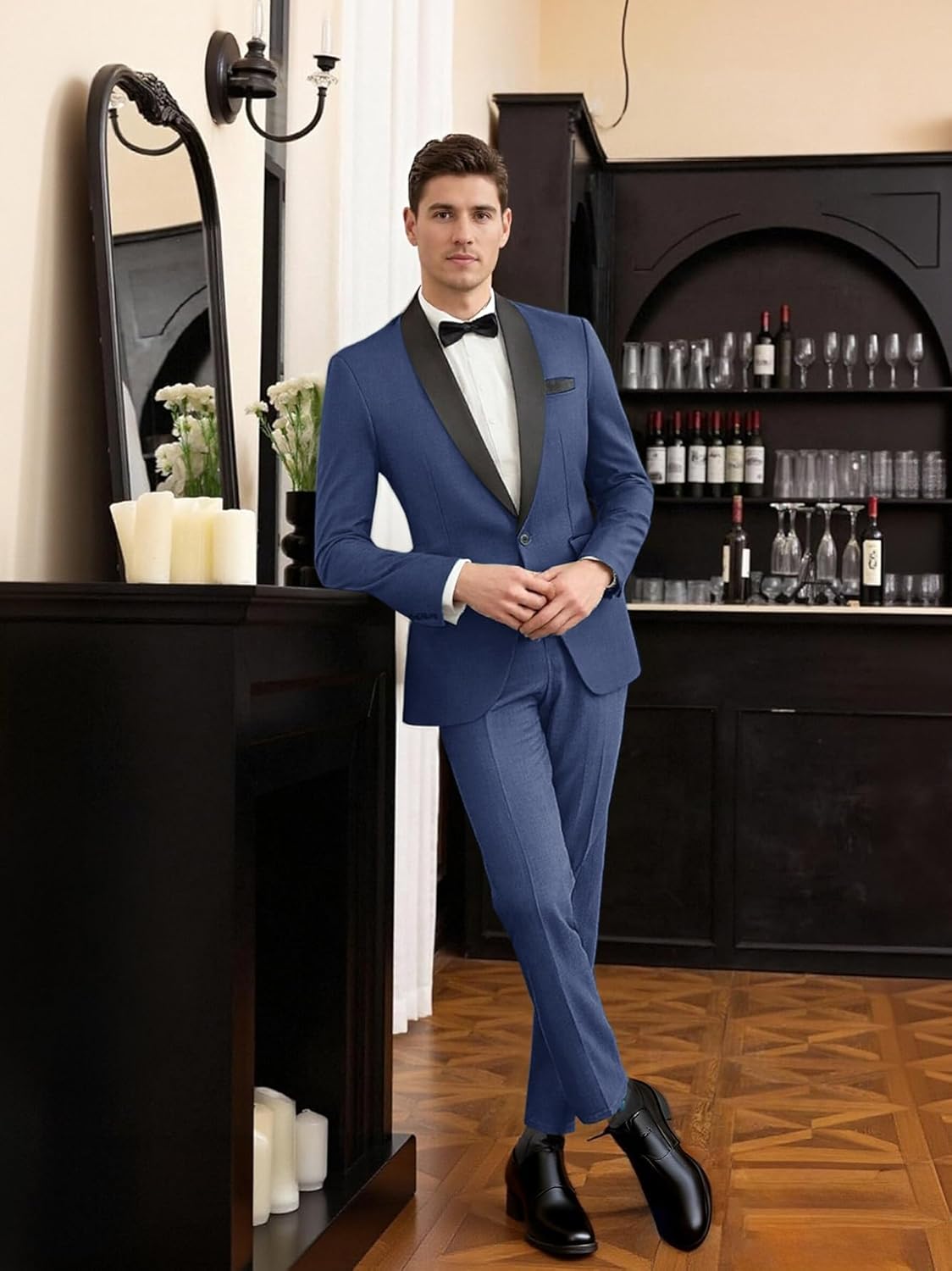 Mens 2 Piece Suit Slim Fit Shawl Lapel One Button Formal Wedding Prom Tuxedo for Men Blazer Pants Set with Bow Tie