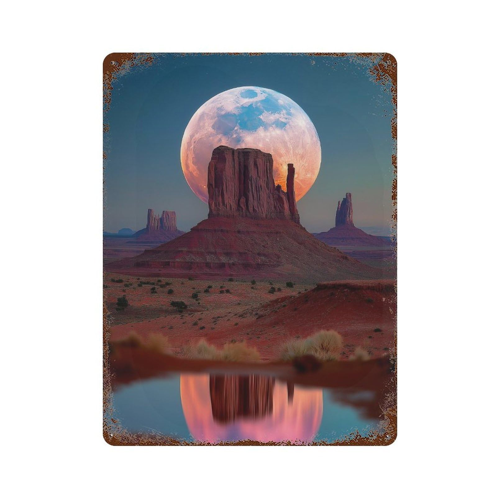 Moon Over Monument Valley Aged Metal Wall Plaque 15.7"x11.8", for Office, Studio And Wall Decor, Novelty Wall Decor