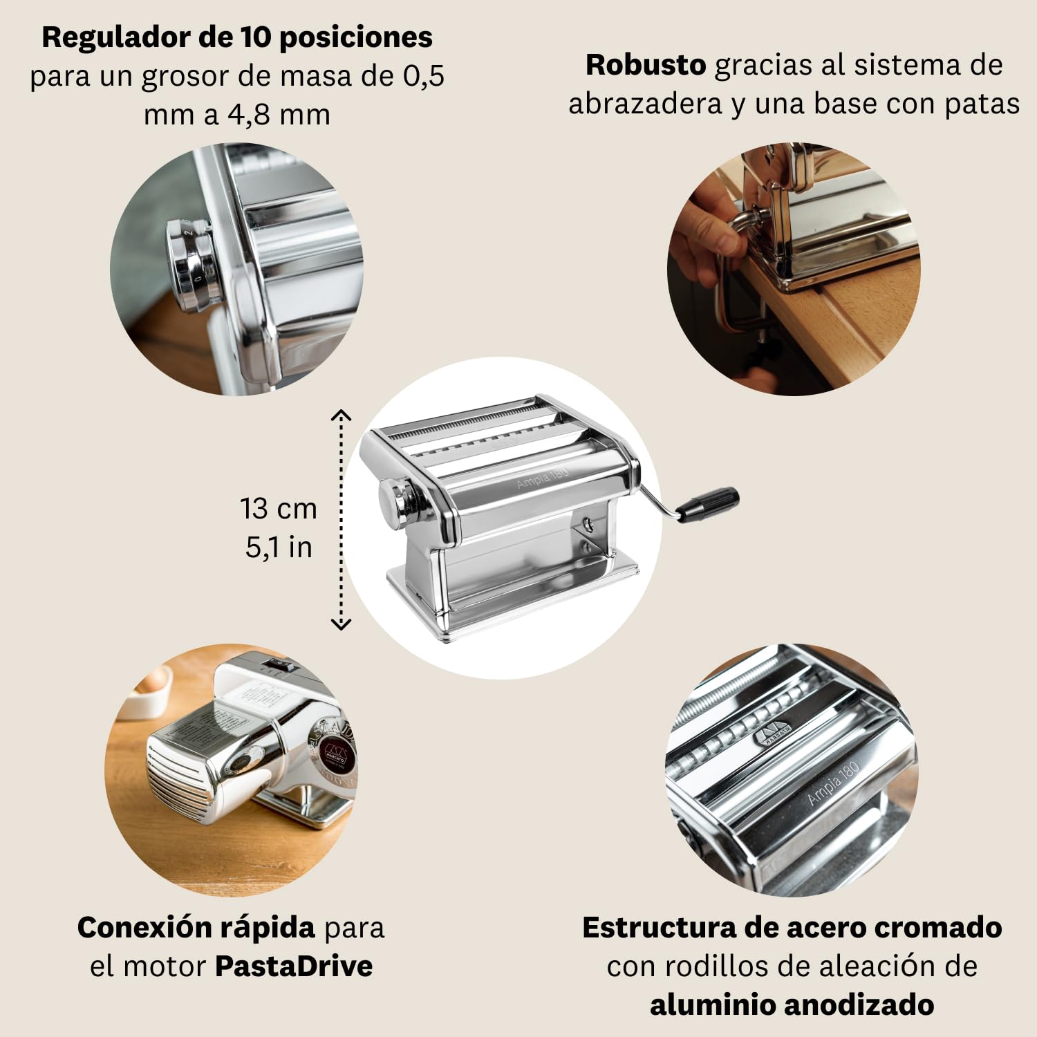 Marcato Ampia 180, Máquina para Pasta, Acero Cromado, Ancho 180 cm, 3 Accesorios Incluidos