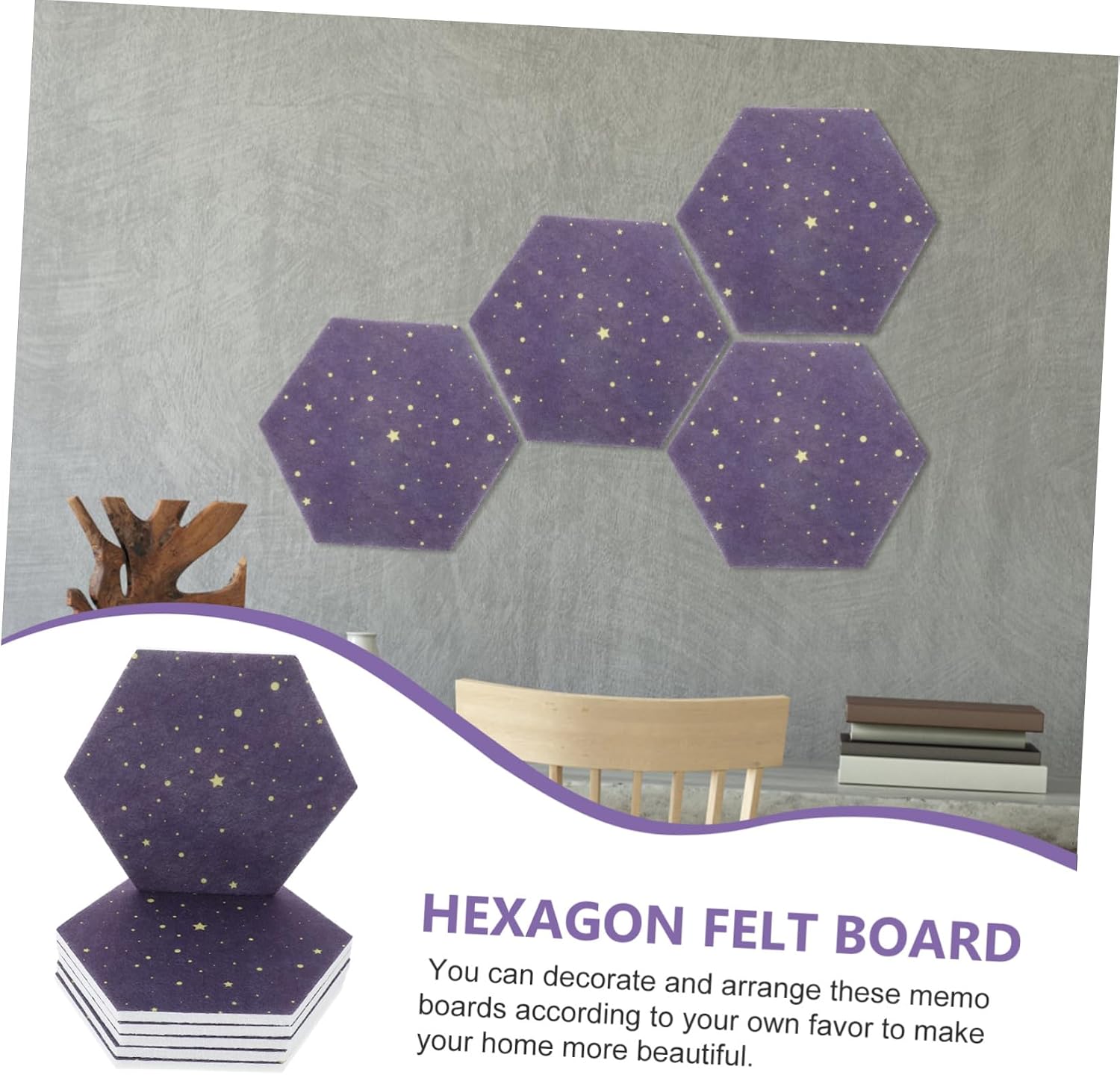 6pcs Hexagon Felt Pin Boards with Self-Adhesive Backing Bulletin Memo Wall Tiles for Home Office Classroom Decorative Tack Boards for Photos Notes Display