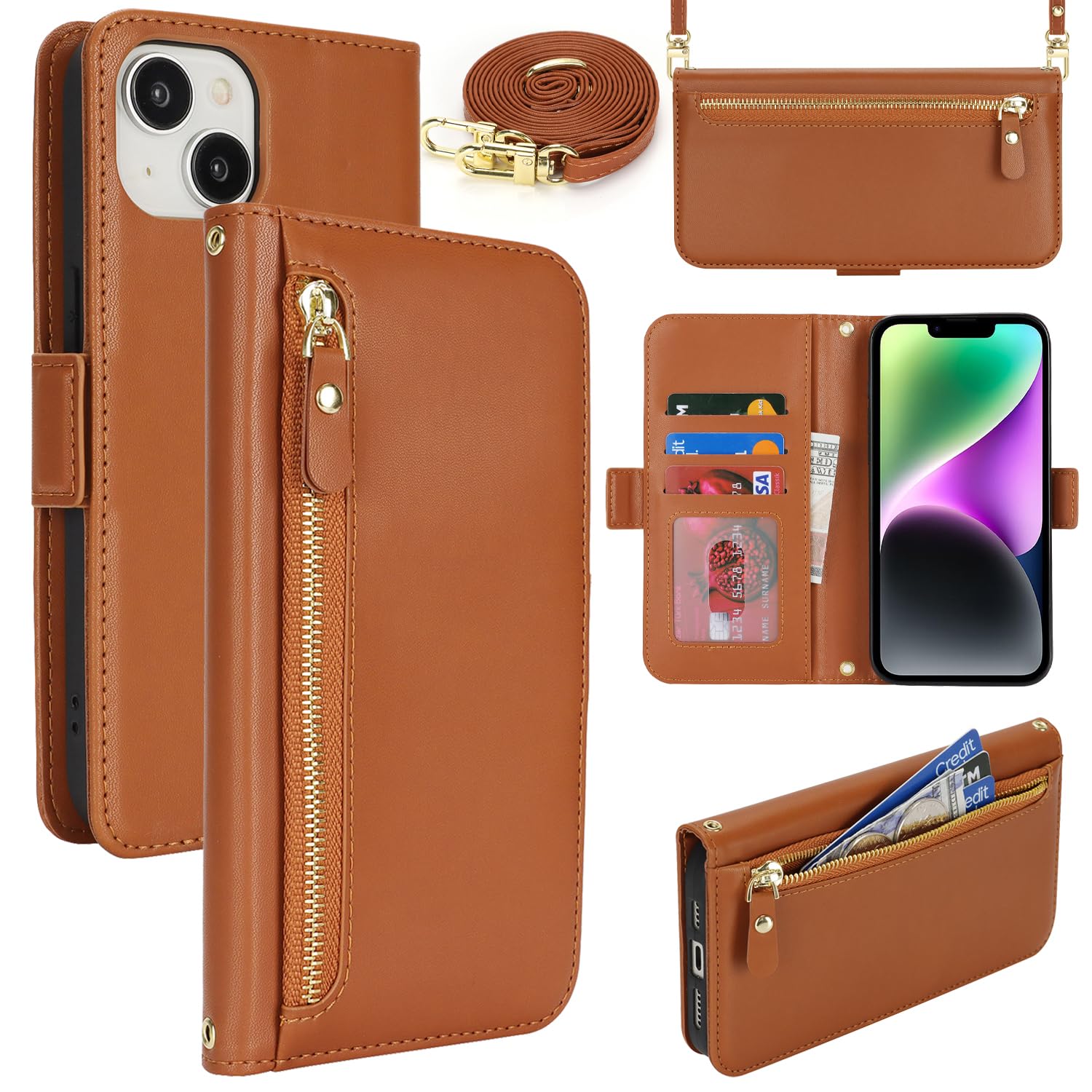 Lipvina for iPhone 14/13 Wallet Case for Women,Zipper Pocket,PU Leather Phone Case Stand flip Cover Crossbody Lanyard Strap Zipper Credit Card Holder