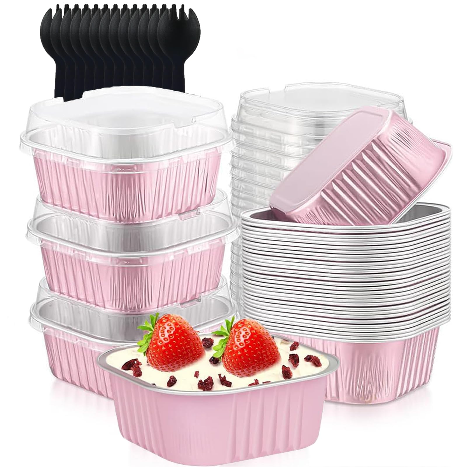 Mini Taza Papel Aluminio Con Tapa, 50 Piezas 150ML Moldes para Cupcakes de Papel de Aluminio, Mini Moldes Para Pan, Con 50 Cucharas, para Postres, Pasteles, Panes(Rosa)