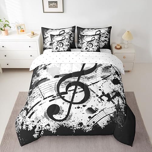Manfei Juego de edredón de 7 piezas con notas musicales tamaño individual, juego de cama con temática musical retro para niños y niñas, ropa de cama
