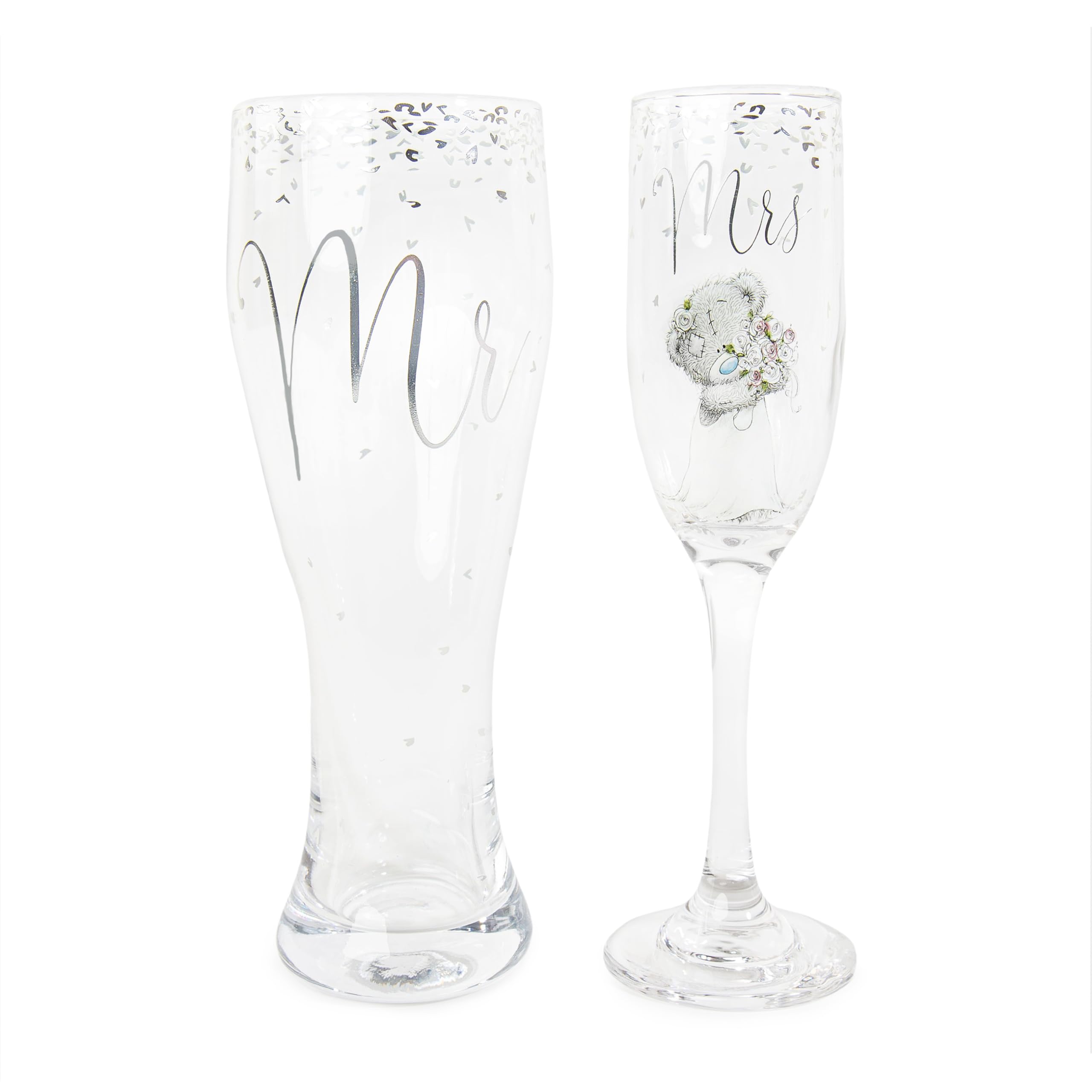 Me to You Tatty Teddy Mr & Mrs Beer Glass and Champagne Flute Gift Set - Official Wedding Collection, Silver