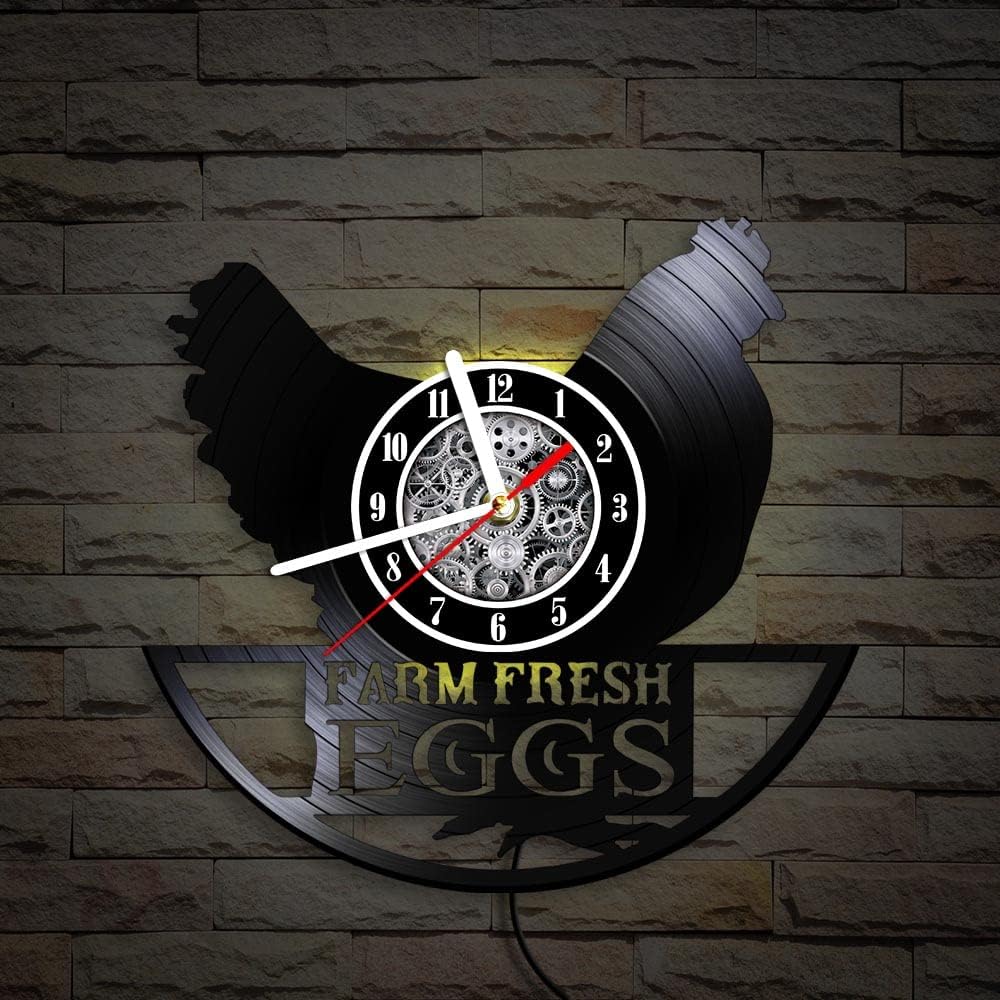 The Geeky Days Chicken Farmhouse LED Silent Vinyl Record Wall Clock 7 Color Light Modern Farm Fresh Eggs Farmhouse Style Rooster Hanging Watch for Farmer Gift