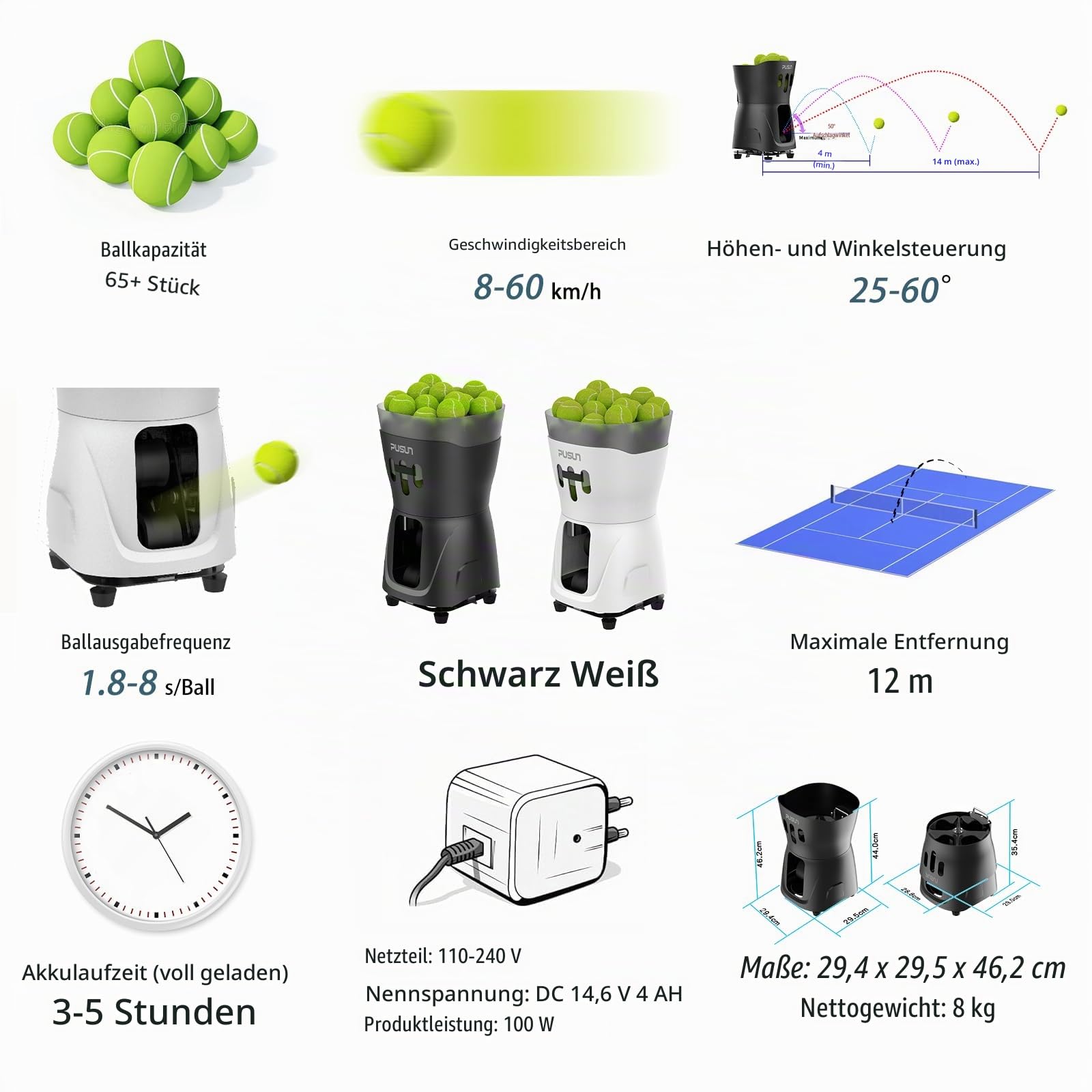 PT-Mini Pro Tennisballmaschine – Professioneller automatischer Ballwerfer mit Fernbedienung, Smart-App-Steuerung, 65+ Ball-Hopper, batteriebetrieben, Tennis-Übungsgeräte für Erwachsene und Anfänger