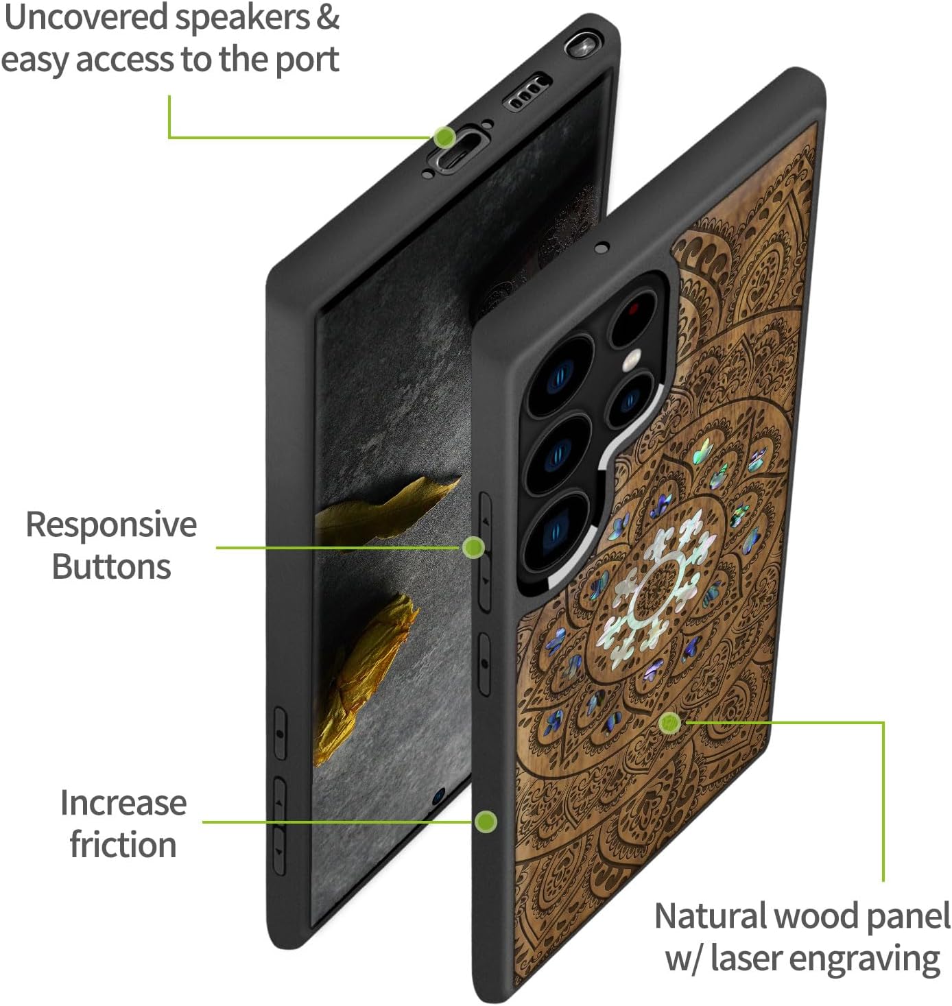 Carveit Designer Wooden Case for Samsung Galaxy S23 Ultra Cover [Wood Engraving & Shell Inlay] Compatible with Wireless Chargers S23 Ultra Case (Mandala Floral-Walnut)