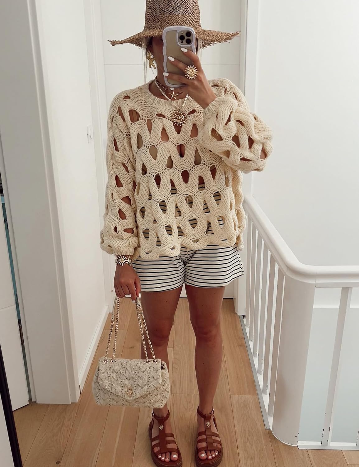 Yimoon Women's Hollow Out Pullover Sweater Oversized Long Sleeve Crew Neck Crochet Chunky Knitted Sweater