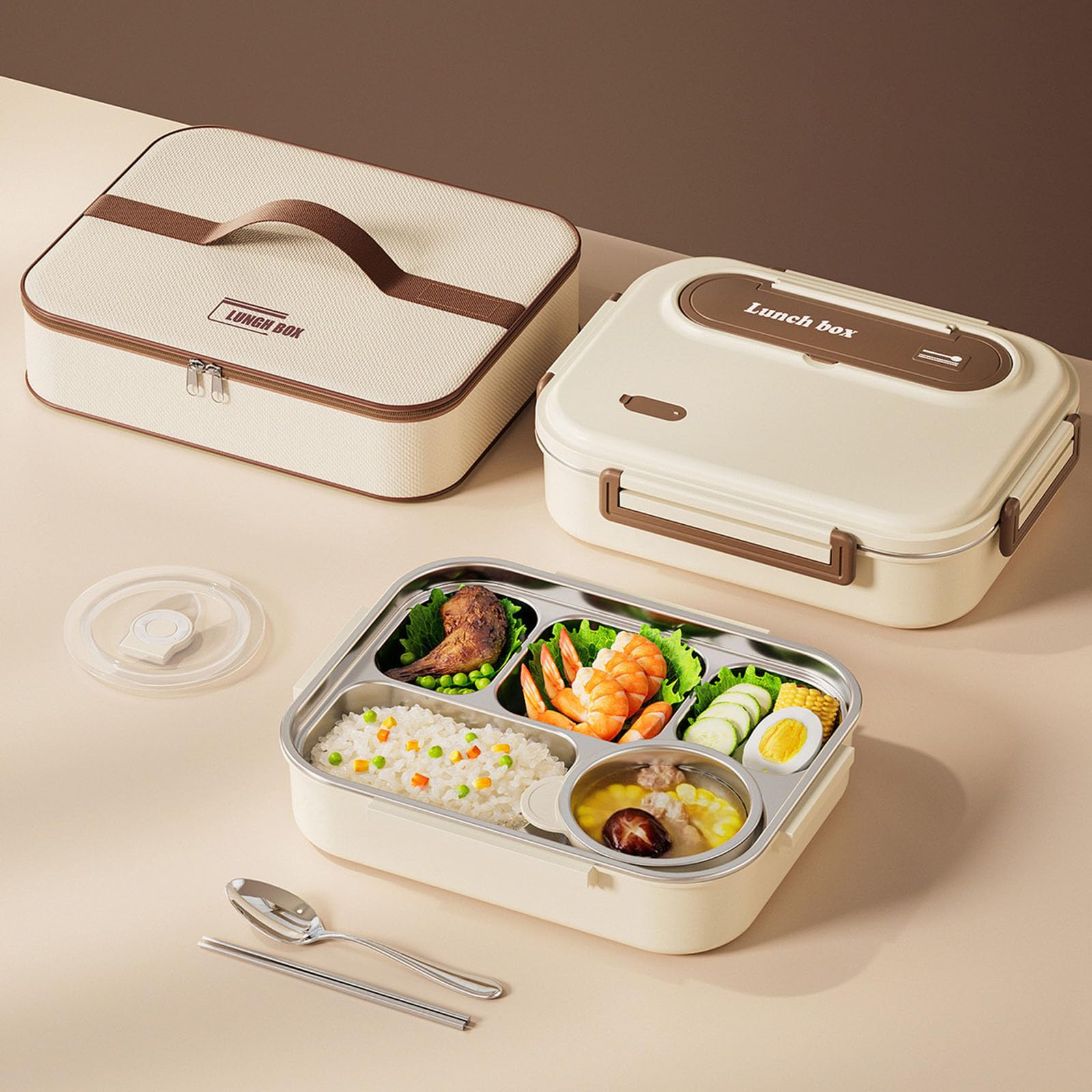 PANGBOER Térmica de Gran Capacidad con Tazón de Sopa y Cubiertos Contenedor de Alimentos de Doble Capa de Acero Inoxidable de 5 Compartimentos para Oficinas Escuela Picnic Caja de Preparación de