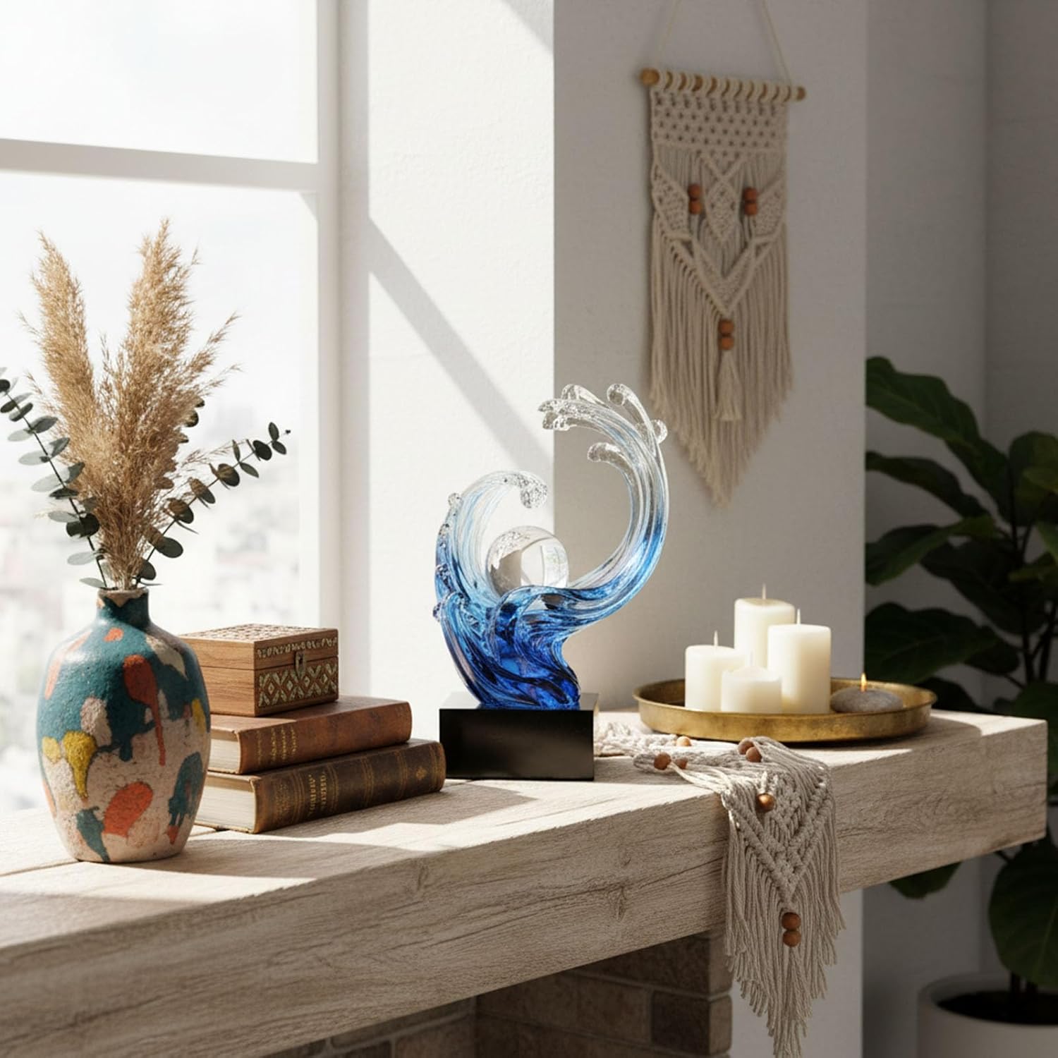 Blue Ocean Wave Statue for Beach House Decor,Resin Modern Abstract Art,For Coastal Nautical Office Surfers Gifts,Coffee Table,Tv Stand,Dining Table Center Decorative Shelf Decor Accent for Men (Blue)