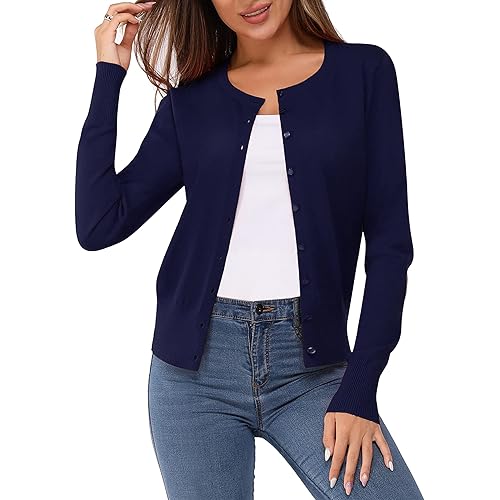 Newshows Women's Solid Button Down Long Sleeve Classic Crew Neck Knit Cardigan Sweater