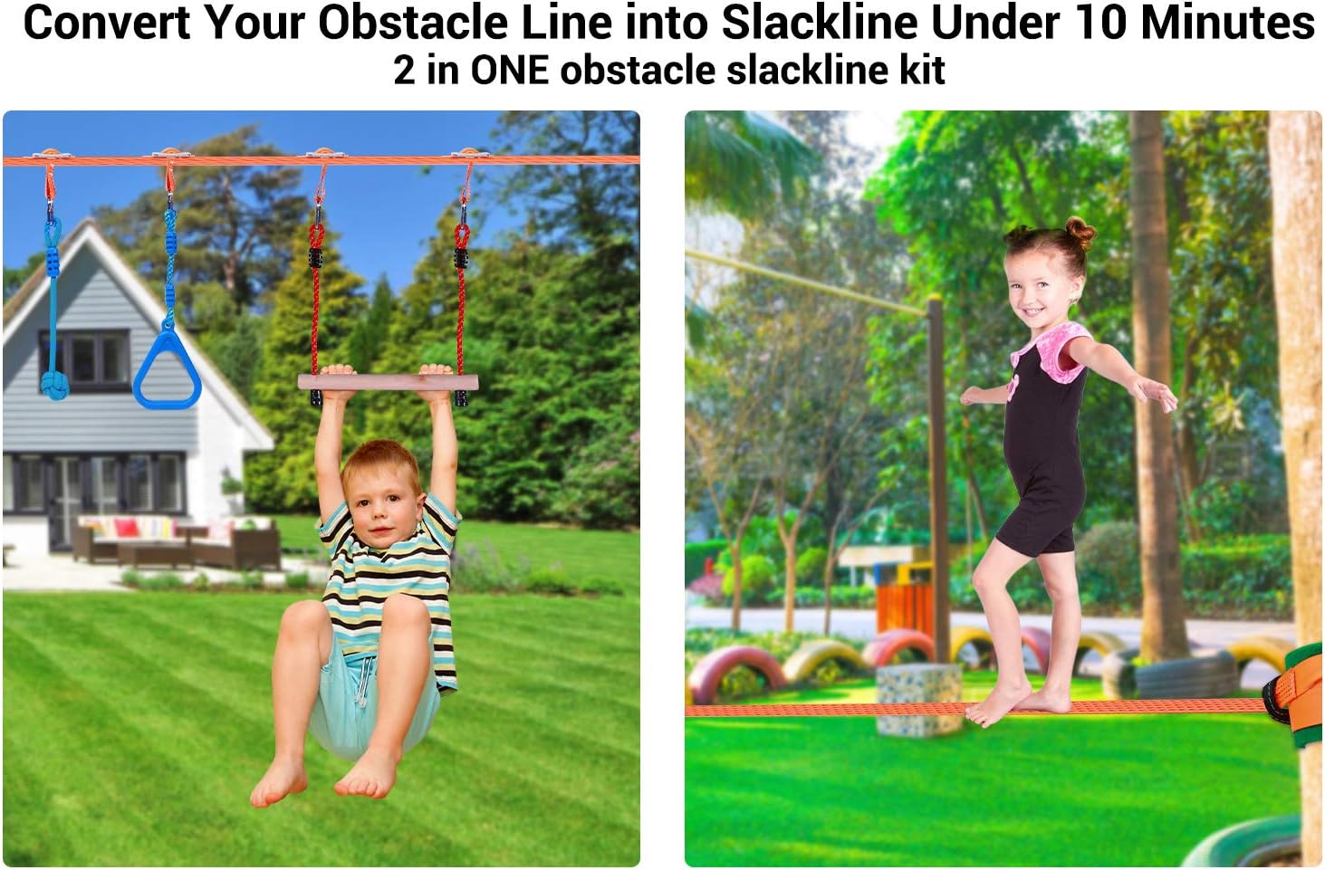 Ninja Warrior Obstacle Course for Kids - 2 X Ninja Slackline 50ft with 12 Accessories for Kids, Includes Swing, Obstacle Net Plus Grip Tape - Have Fun, Keep Fit and Become a Ninja Warrior -Swing Strap : Toys & Games