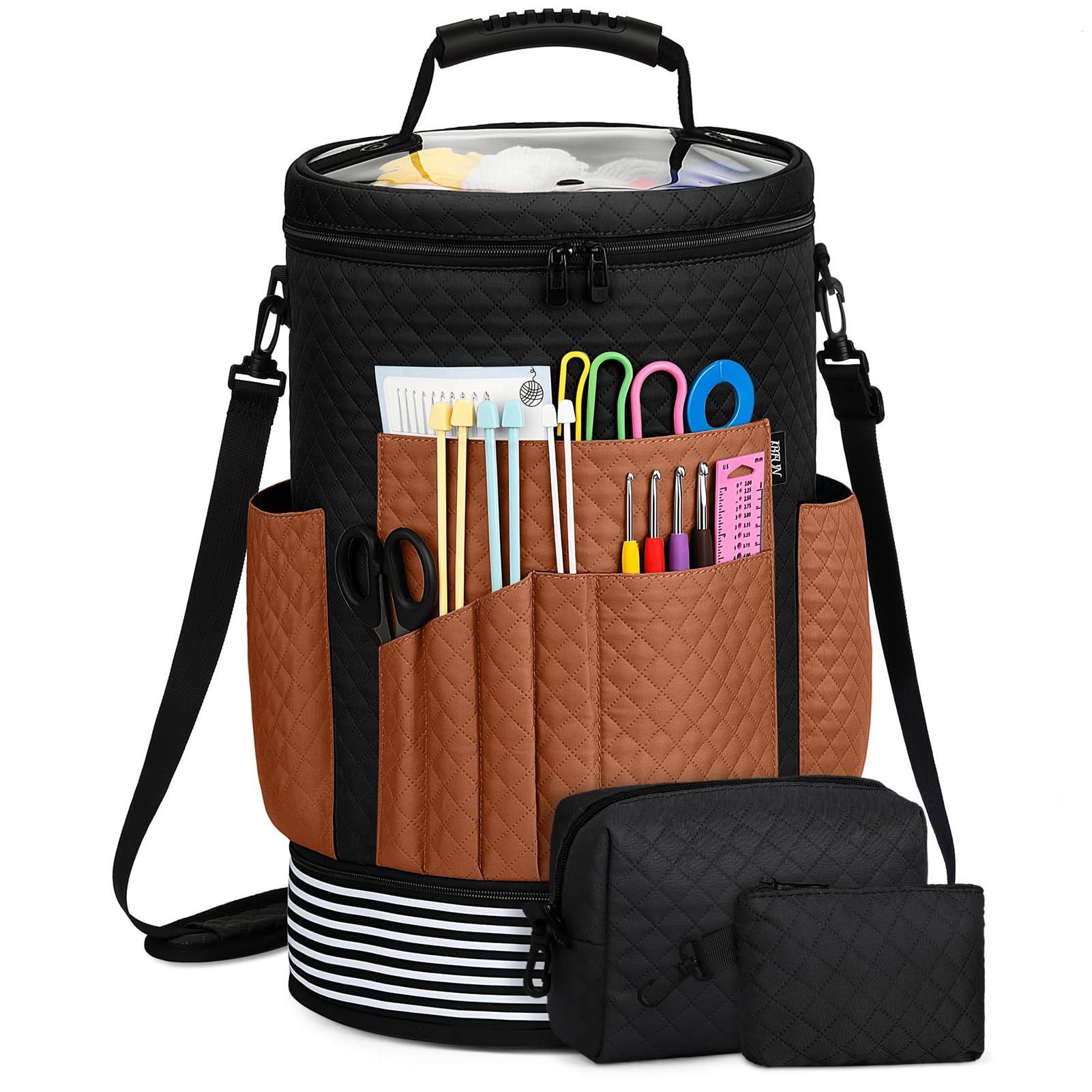 IBFUN Häkelgarn, Stricktasche, 3 Stück, erweiterbarer Garnaufbewahrung, Organizer, Häkeltasche mit Zubehörhüllen, verstellbarer Riemen für Haken, Nadeln, Zubehör, Häkelliebhaber, Zubehör, Anfänger