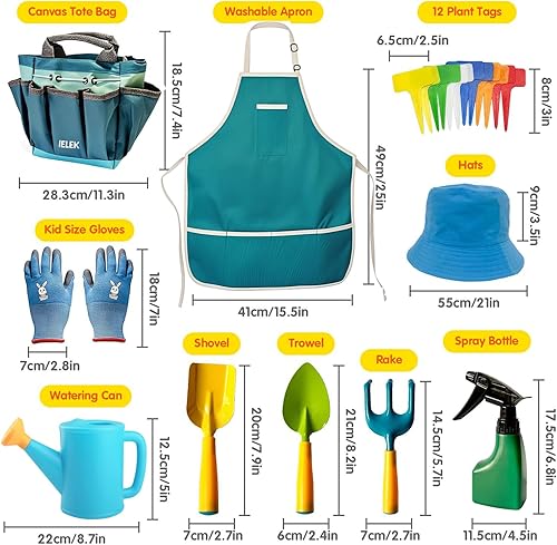 Miniatura 4 de Juego de herramientas de jardinería para niños, incluye pala, rastrillo y paleta, guantes para niños, sombrero, bolsa de mano, botella de spray,