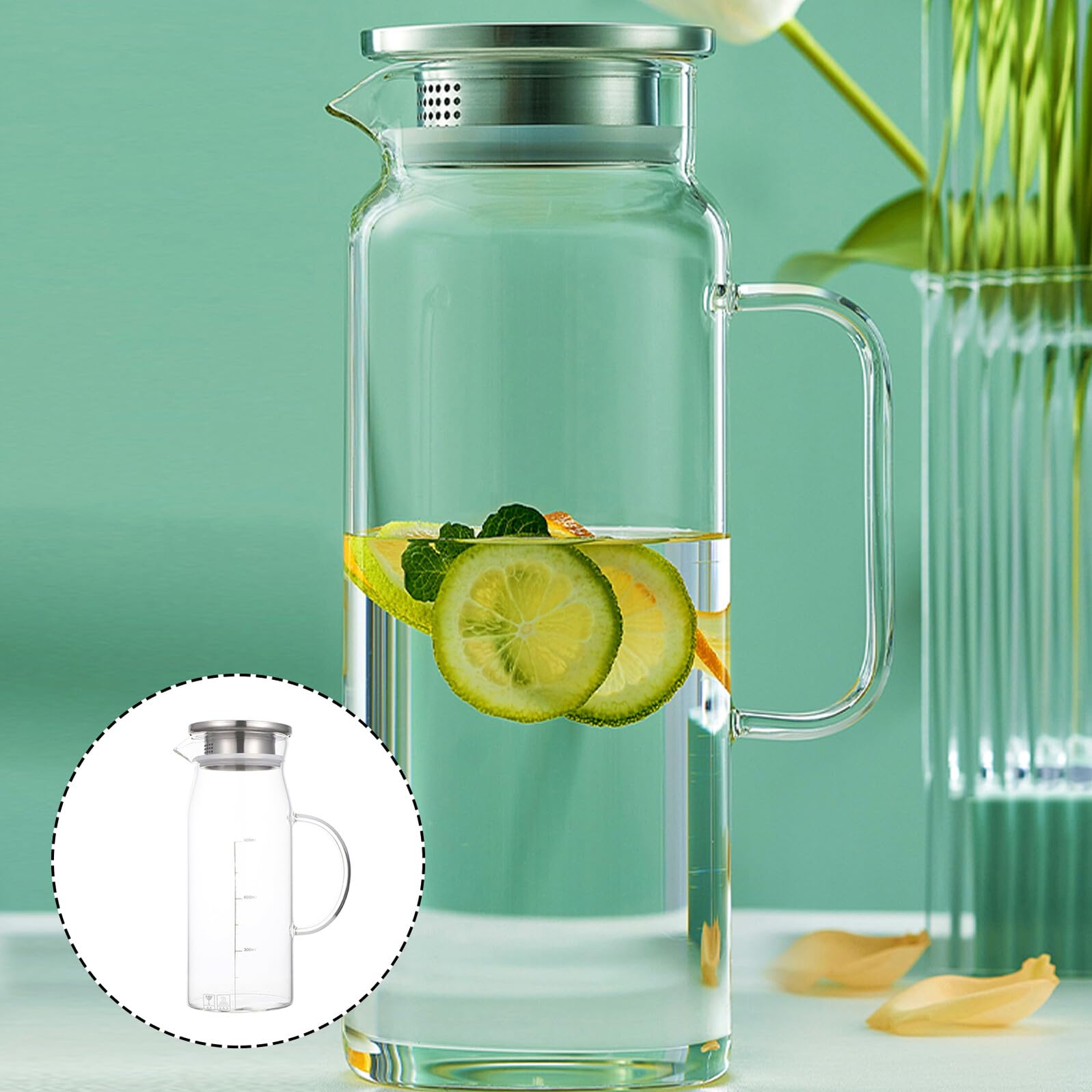 Hitzebeständiger Glas Wasserkrug 1200ml mit Edelstahl Deckel für Wasser | Geeignet für Eistee und Saft, Schlichtes Praktisches Design, Leicht zu Verstauen, für Zuhause