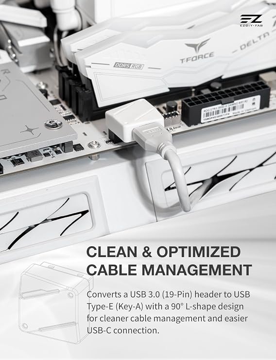 EZDIY-FAB USB 3.2 Gen 1 19-Pin to Type-E 90 Degree Adapter, White-RVS