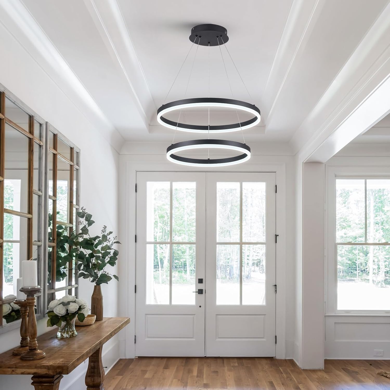 2-Rings Chandelier Black Modern LED Chandeliers for Dinning Room, Dimmable Round Hanging Light with Remote Control Circular Pendant Lighting for Kitchen Island Living Room Entryway, 3000K-6500K