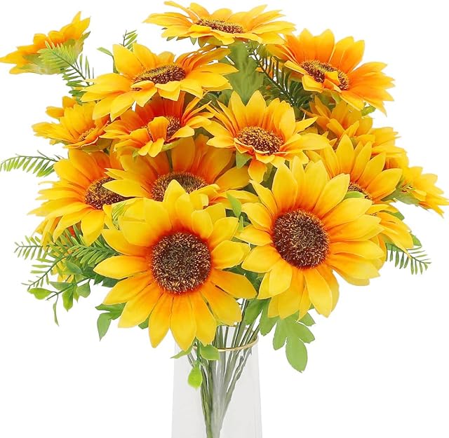 Decpro 1 Pack Artificial Sunflower Bouquets, 18.9'' Height Realistic Silk Sunflowers with Green Leaves for Home Hotel Office Wedding Party Garden Decoration, Floral Arrangement, Centerpieces