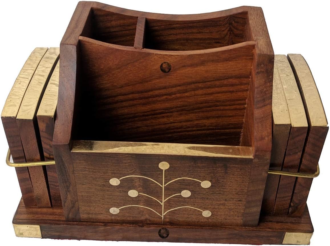 Handcrafted Sheesham Wood Pen Stand with Brass Inlay & 6 Coasters | Desk Organizer for Office & Home | Vintage Wooden Holder for Pens, Pencils, Stationery & Drinks