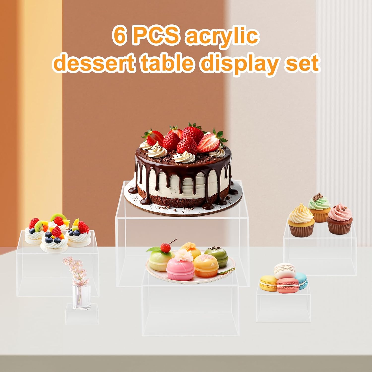 6 PCS Clear Acrylic Boxes & Buffet Risers Display Stands with Hollow Bottoms, Food Riser for Buffet Table Dessert, Acrylic Cube Stand for Party, Catering, Wedding(6 Pack)