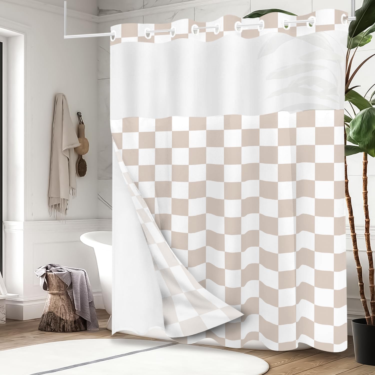 Tititex No Hooks Snap in Liner White Cream Checkerboard Shower Curtain Sets, Hotel Luxury Grid Double Layers Waterproof Fabric & See-Through Top Window Bathroom Decorative 72x72 Inch