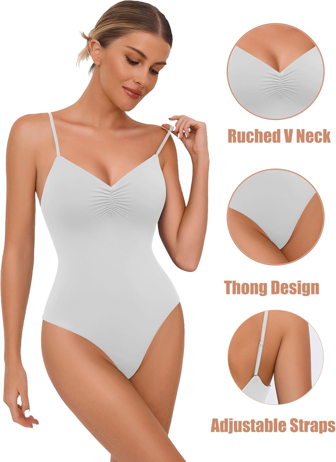 Avidlove Body Suits for Womens Sexy Ruched V Neck Thong Bodysuit Backless Sleeveless Double Lined Cami Body Suit Top - Image 3