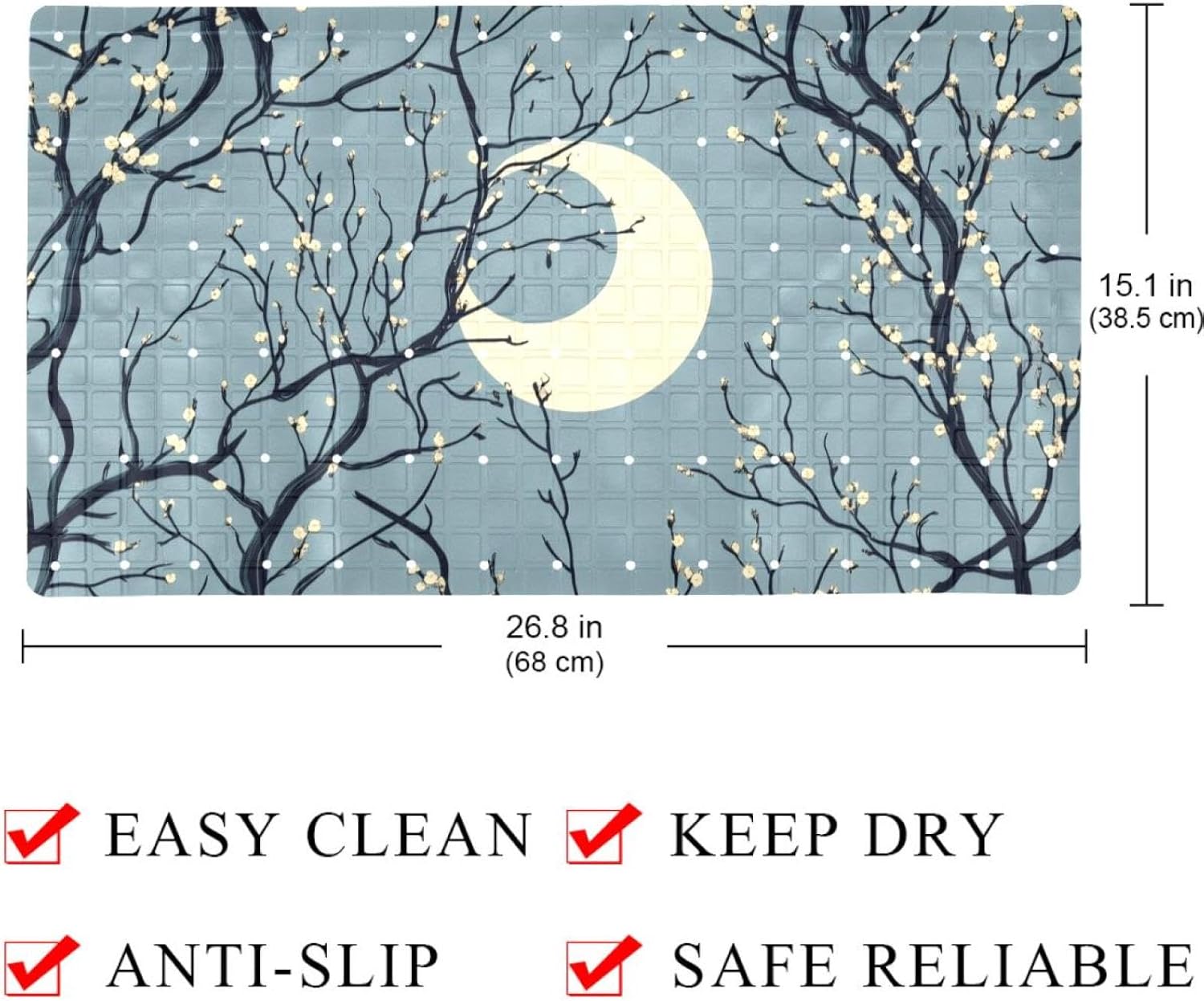 Spring Art Pattern with Twigs and Moon Bath Tub and Shower Mats, Non Slip Bathmat with Drain Holes and Suction Cups for Bathroom Floor, 15.1 x 26.8 Inch