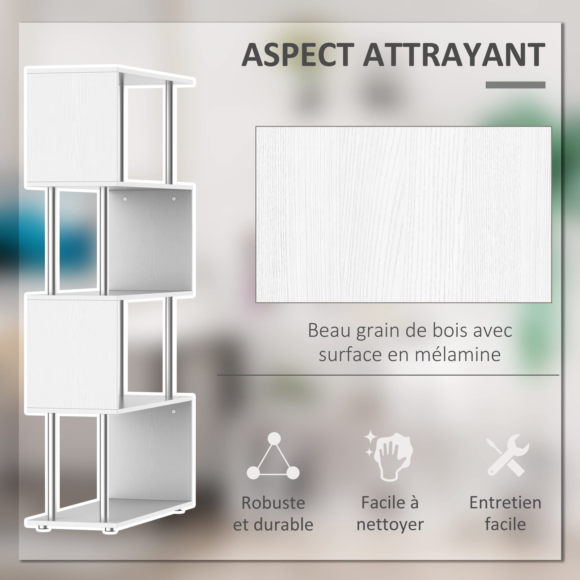 HOMCOM Bibliothèque étagère Design en S 4 Niveaux 80L x 30l x 145H cm Blanc | Contemporain