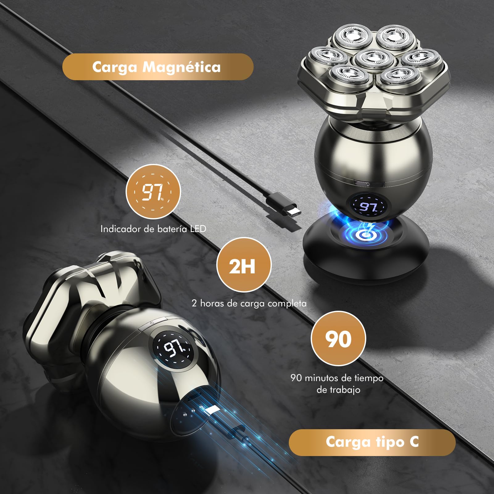Afeitadora Cabeza Hombre, 6 en 1 Afeitadora Electrica Hombre para Calva con 7 Cuchillas Magnéticas Flotantes.,Impermeable IPX7, Maquina Afeitar Cabeza,Recortadora Barba con Pantalla LED
