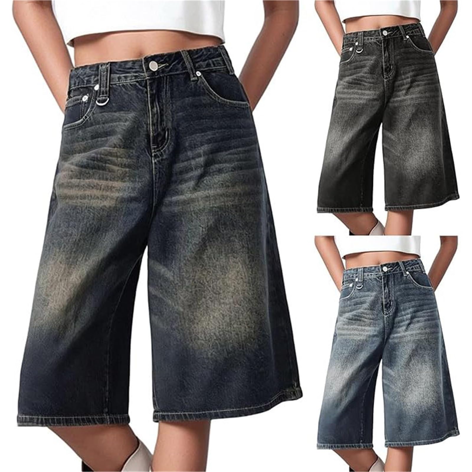 Spodnie Baggy Jeans Bermudy Dla Kobiet w Stylu Y2k Vintage Proste Nogawki Jeansowe Szorty Casual Długość Do Kolan Jeansy Jorts z Kieszeniami