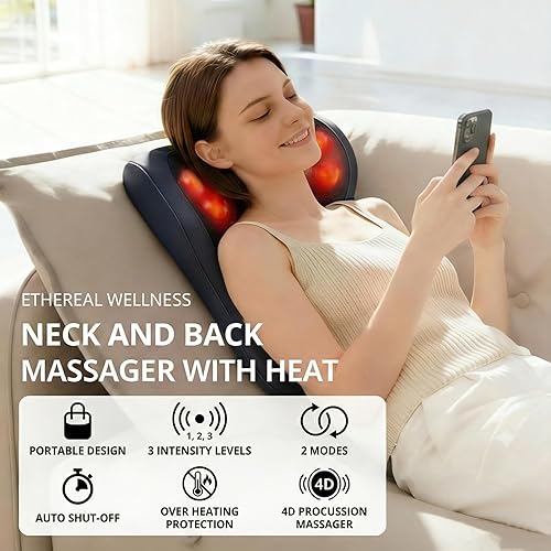 Miniatura 2 de Shiatsu Masajeador de cuello y espalda con calor, cojín de masaje de tejido profundo para aliviar el dolor, amasado de 20 nodos, vibración y