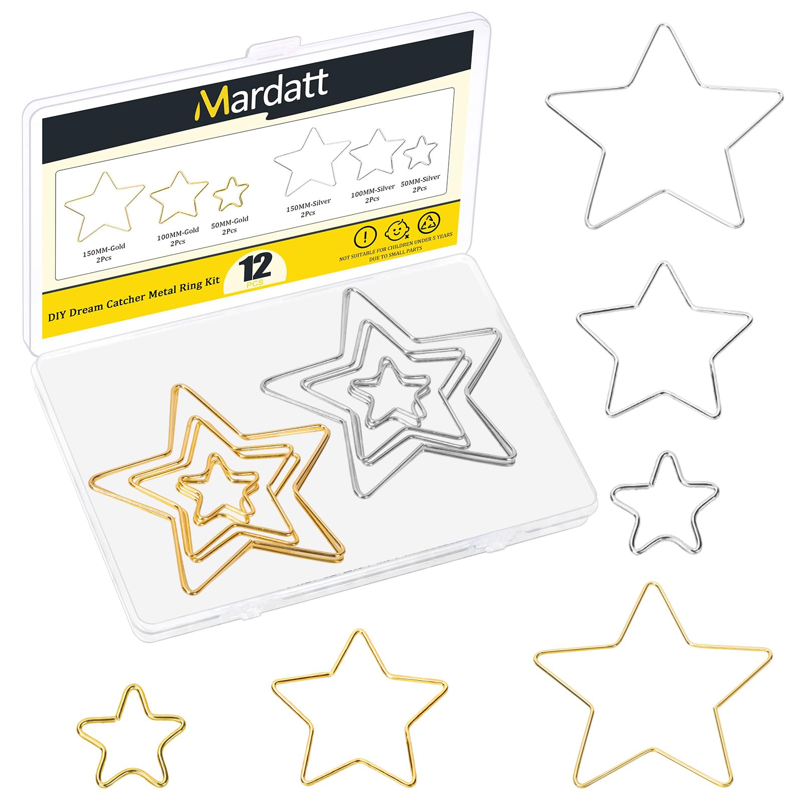 Mardatt 12Pcs Macrame Hoops Ring Kit, 2/4/6 inch White K & Gold Star Shape Metal Wreath Hoop Dream Catcher Rings for DIY Projects, Wedding Decor, Wall Hangings — image 1