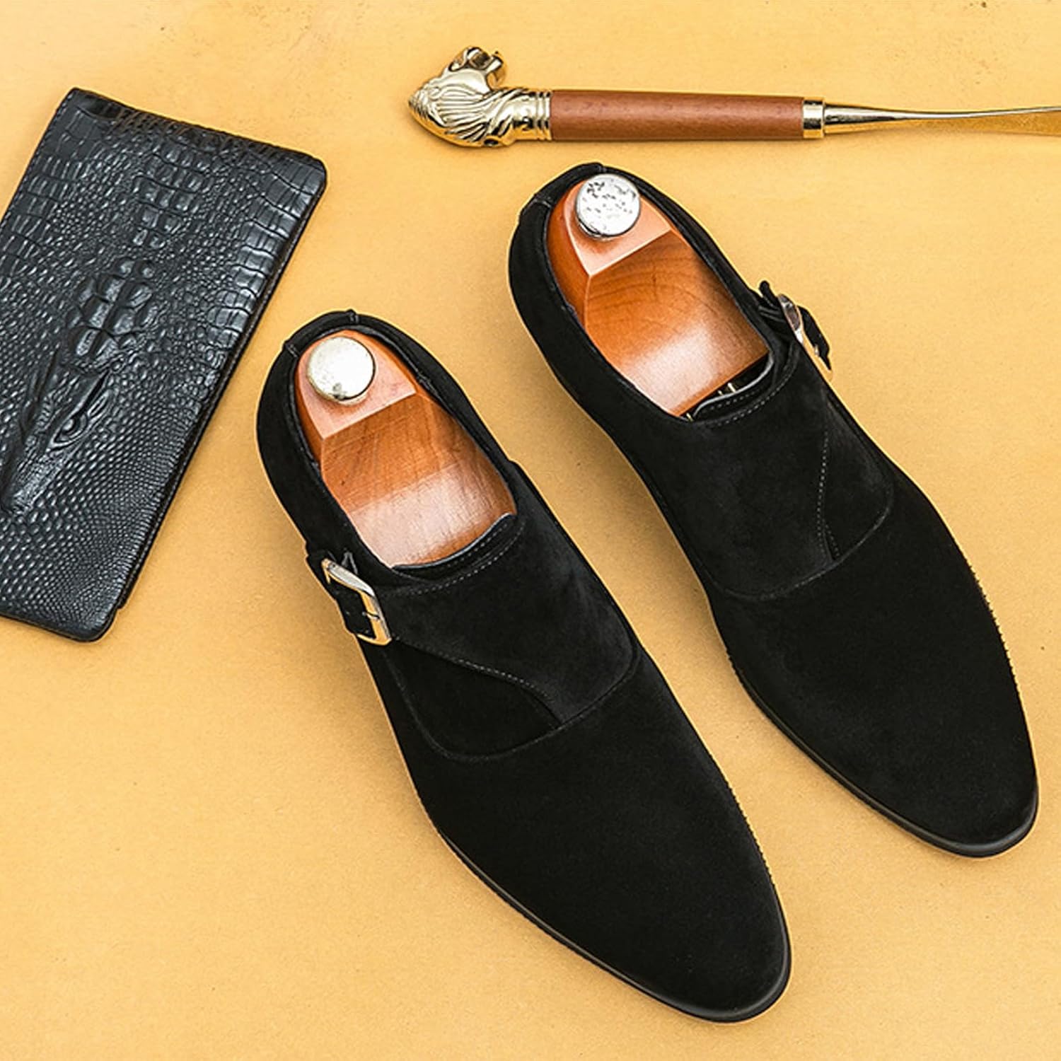 NELSBREXMen'S Suede Leather Chunky Heel Monk Strap Oxford Shoes Fashionable Pointed Toe Non-Slip Slip-On Block Heel Loafers Formal Business Dress Low top Chelsea Boots