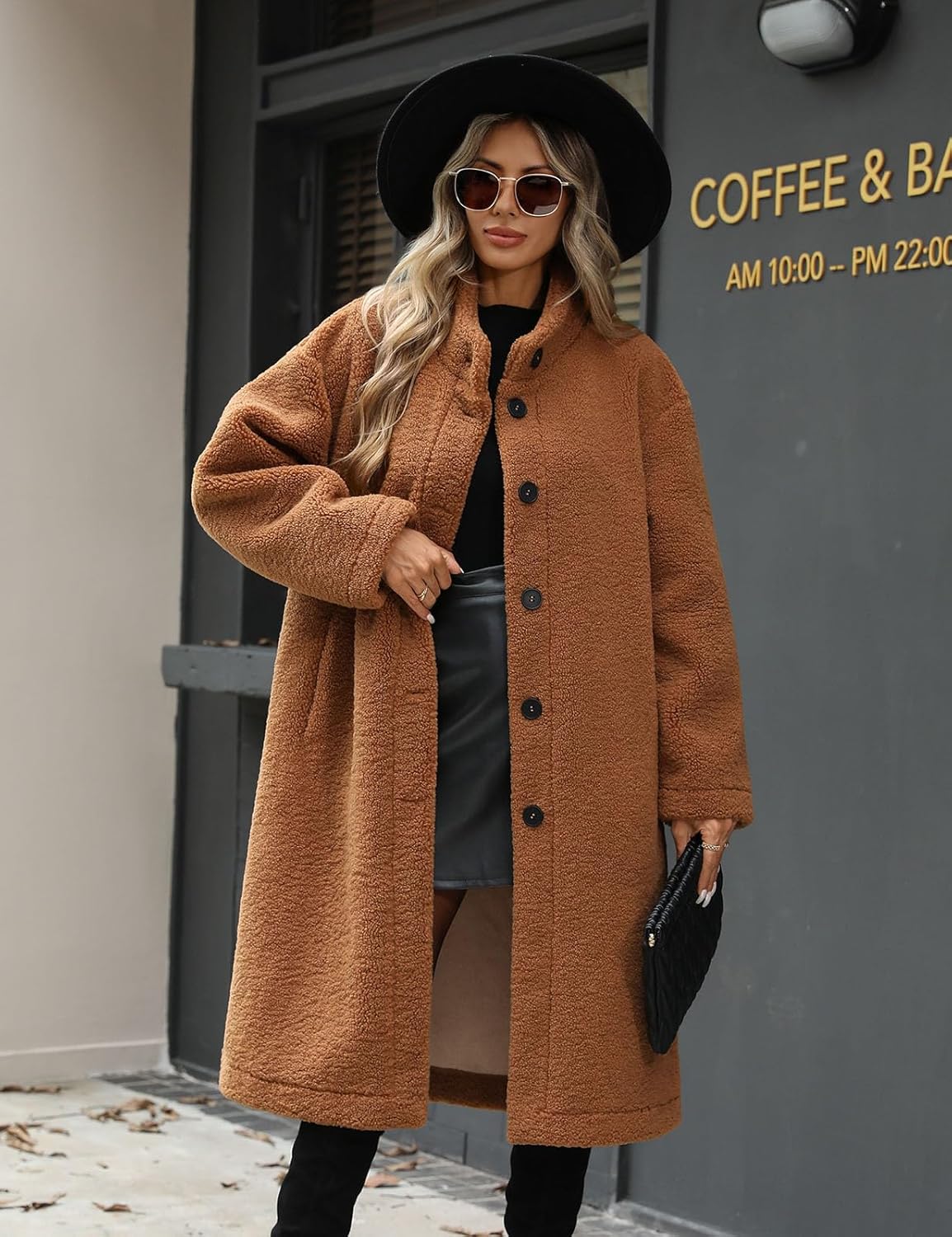 Women’s Winter Fuzzy Fleece Coat Warm Long Cardigan Open Front Jacket Button Faux Fur Fluffy Overcoat - Image 3