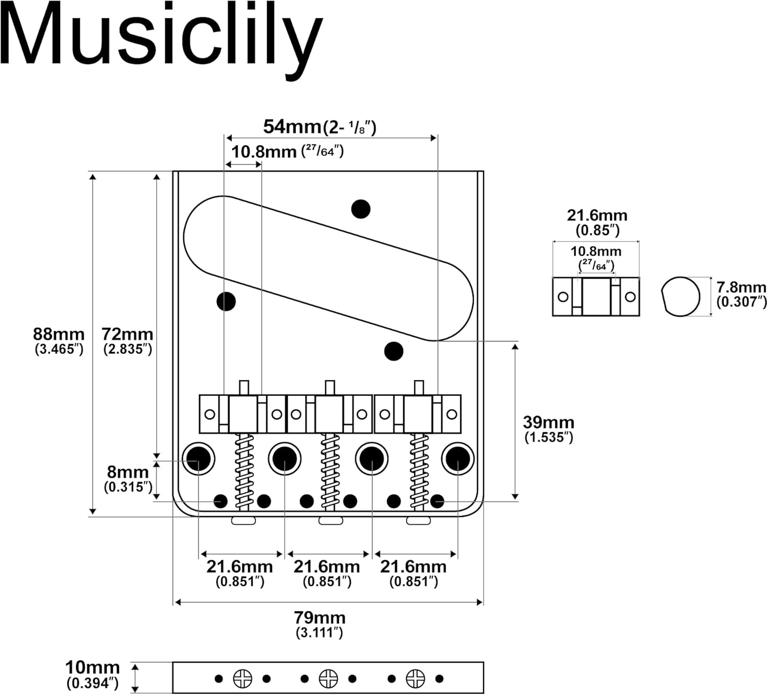 Musiclily Ultra 54mm (2-1/8 inch) Full Solid Aluminum Plate Vintage Tele Bridge with Brass Compensated 3-Saddle for Telecaster Style Electric Guitar, Black