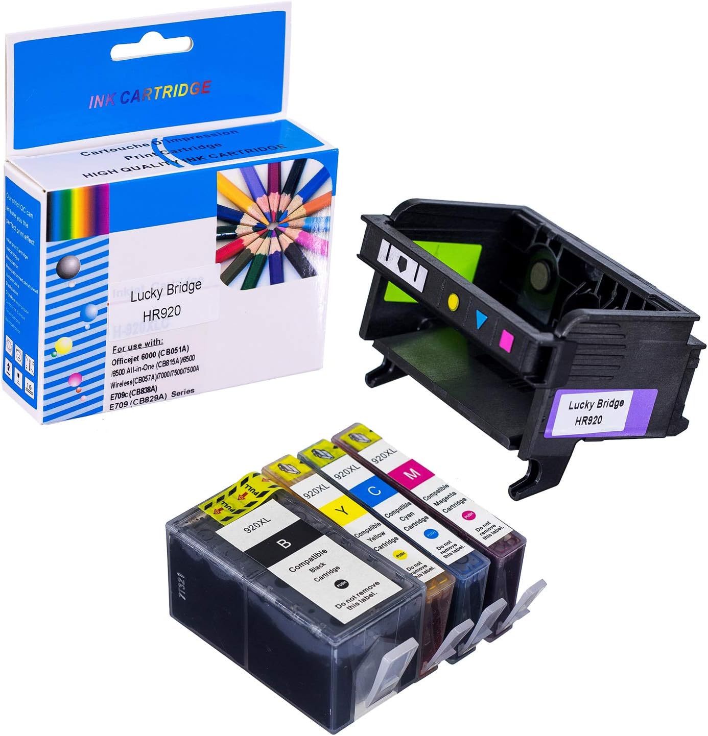 LKB Remanufactured 1 PK HR920 Printhead and 1 Set of Ink Cartridge Replacement for HP6000 6500 6500A 7000 7500A Printers(Printhead and Cartridge)-USA
