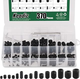 Keadic 376Pcs 1/8 to 3/8 inch Internal Hex Drive Cup-Point Screws Grub Screws Assortment Kit, 15 Sizes Set of Screws for Door Handles, Faucet, Light Fixture, 12.9 Class Alloy Steel (Black)