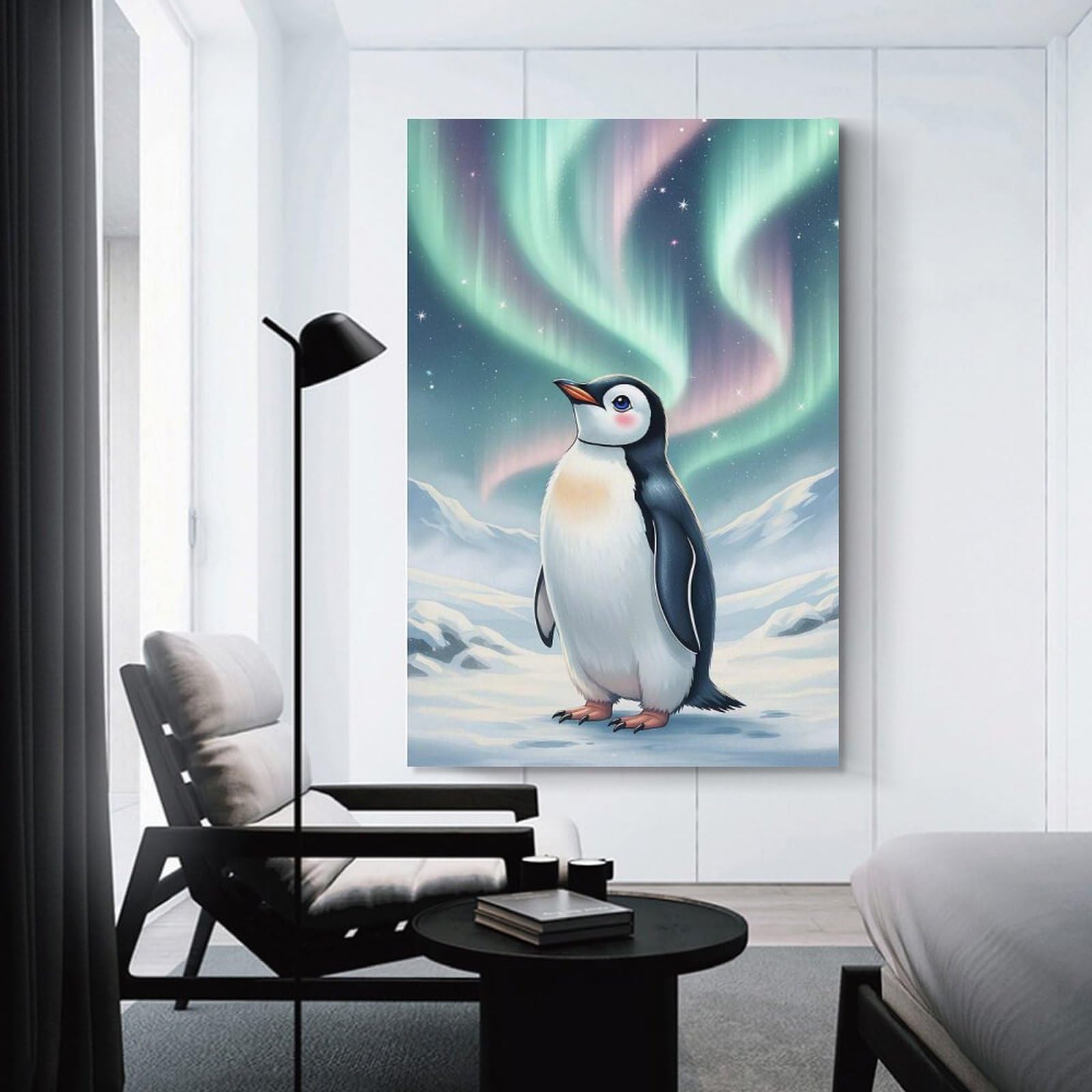 Junmoney Cartoon Penguin Under Aurora Borealis Home Decor Wall Art, 20x30inch(50x75cm), for Apartment Walls, Studios Or Work Areas, Stylish Wall Art for Fresh Spaces