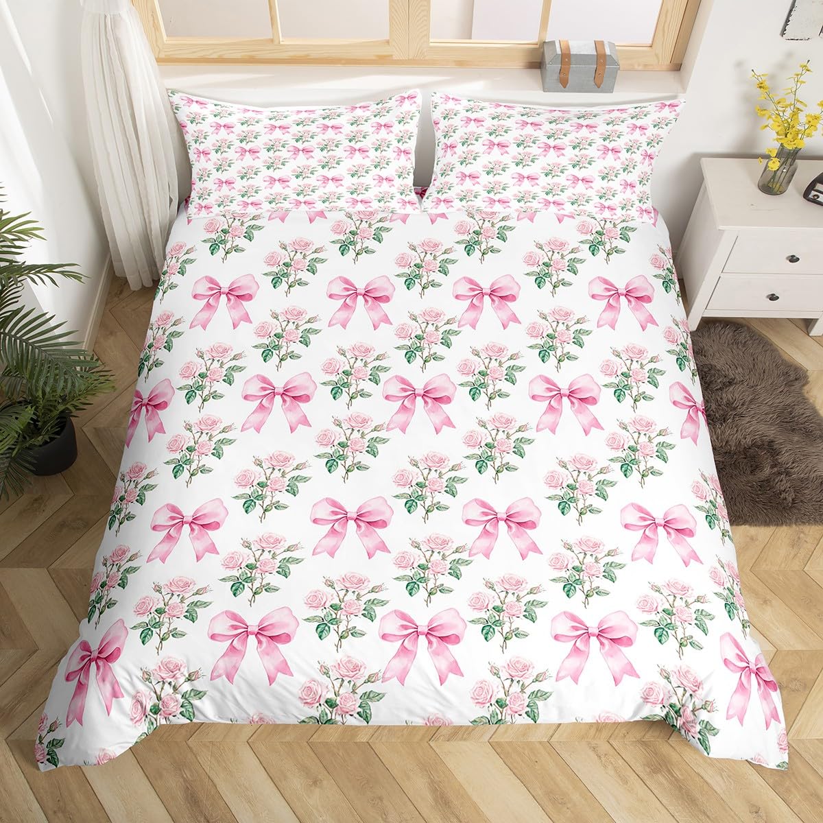 Homewish Floral Pink Bow Duvet Cover Kawaii Bowknot Cot Bedding Set,Princess Girly Bow Tie Bed Cover Coquette Butterfly Knot Bed Set