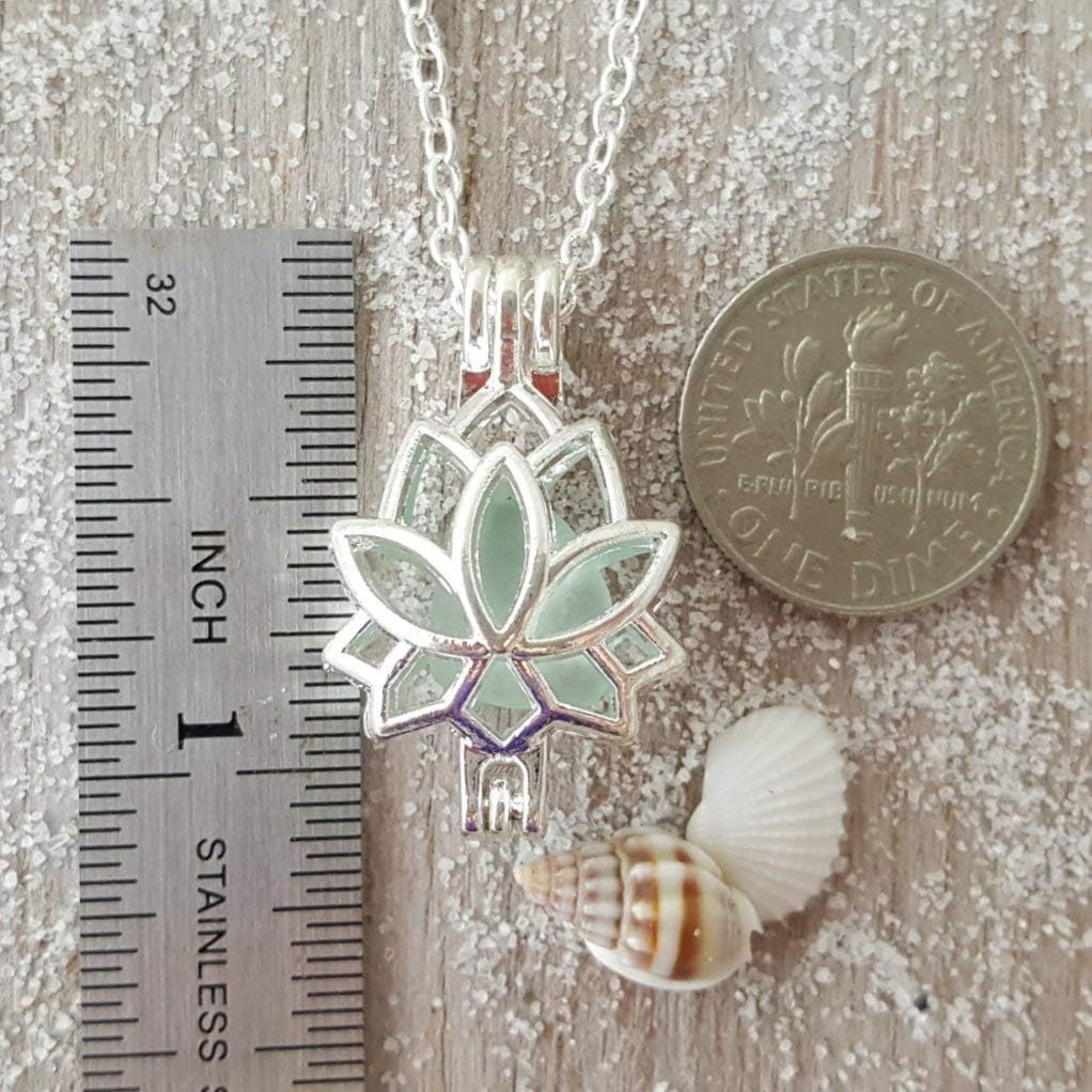 Hawaii jewelry,"Yoga Jewelry" Lotus locket with a piece of natural sea glass necklace, (Hawaii Gift Wrapped, Customizable Gift Message)